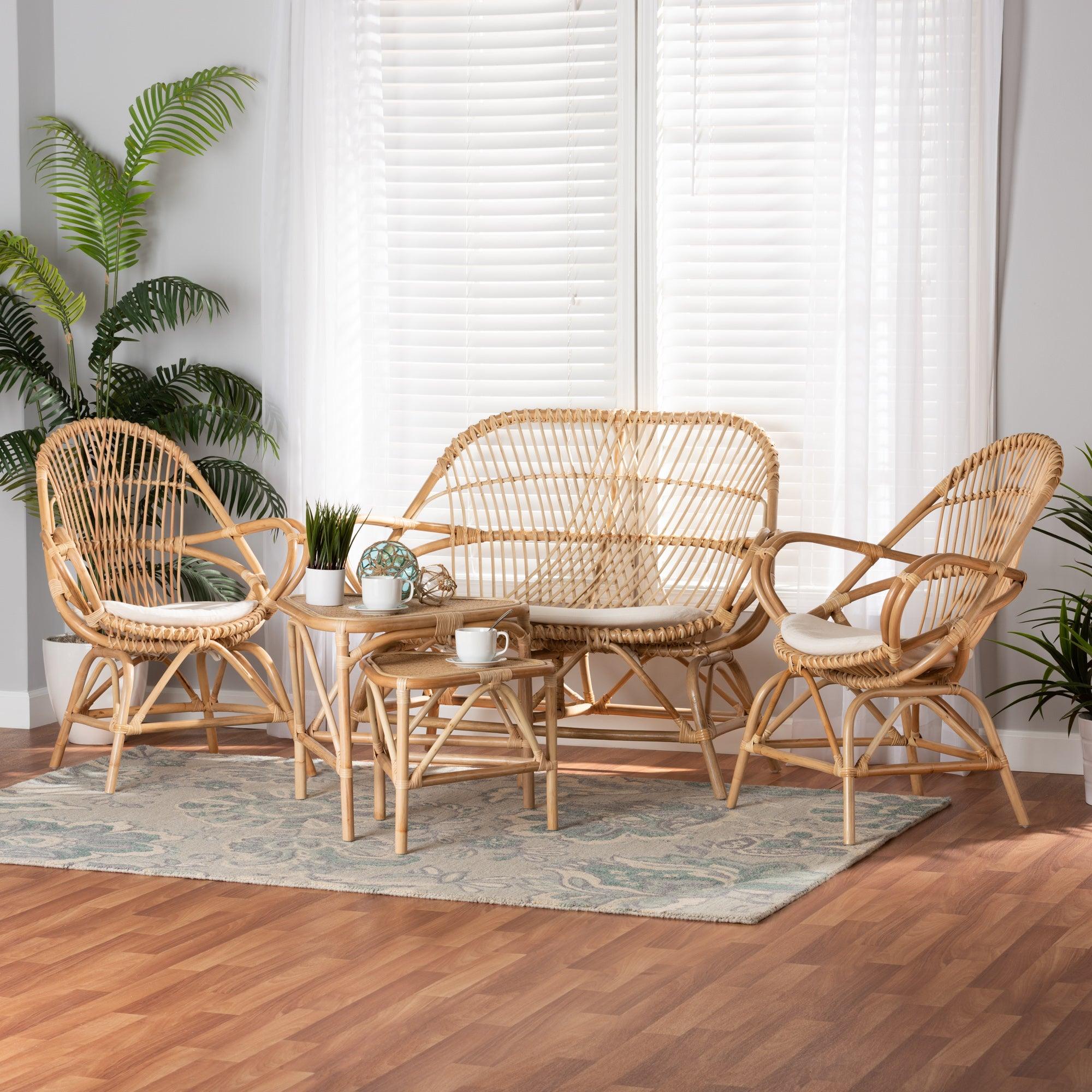 Jayden Modern Bohemian Fabric Upholstered and Finished Rattan 5-Piece Living Room Set