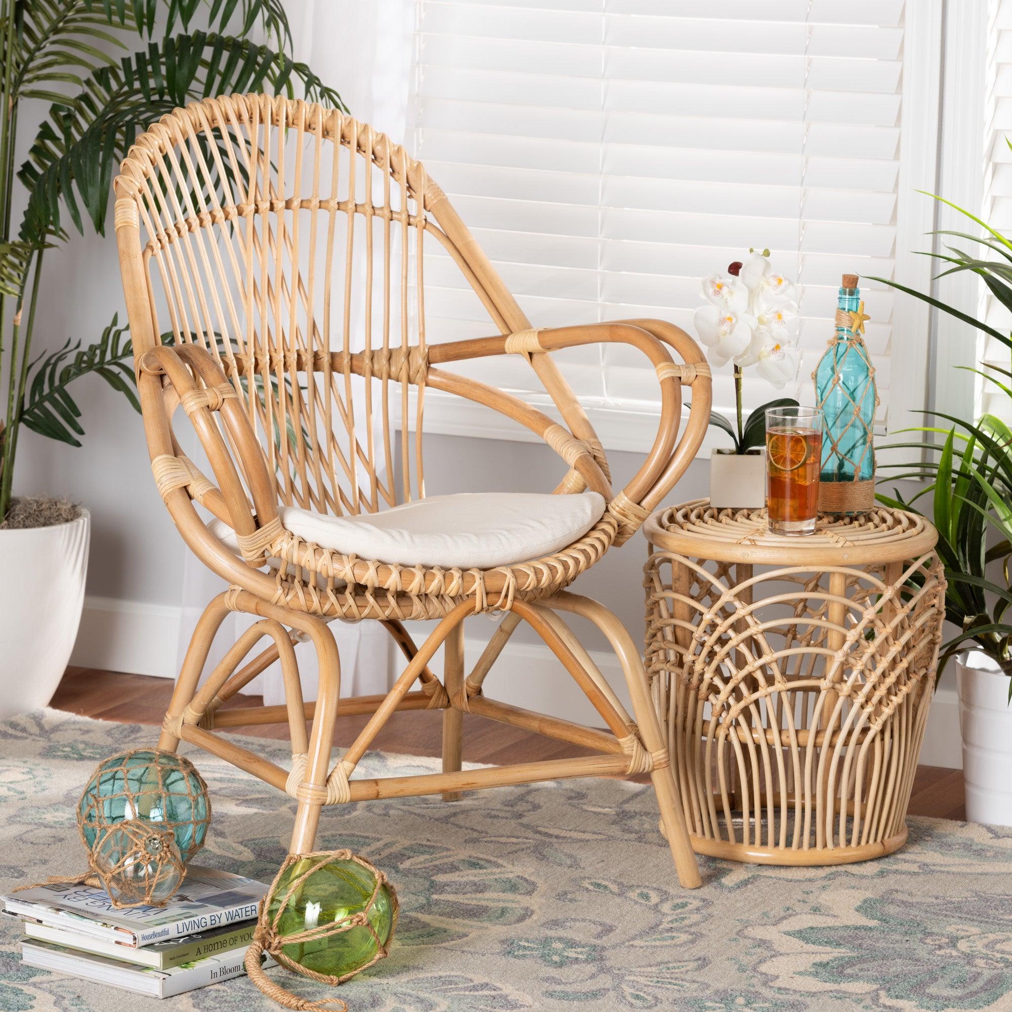 bali & pari Jayden Modern Bohemian Fabric Upholstered and Finished Rattan Accent Chair