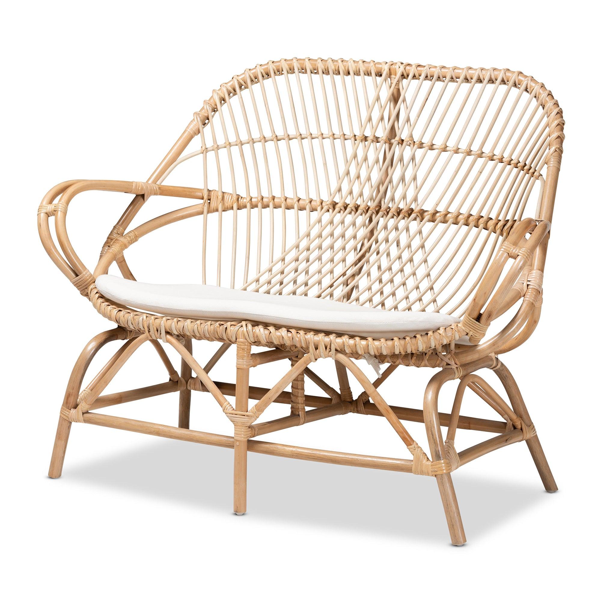 bali & pari Jayden Modern Bohemian Fabric Upholstered and Finished Rattan Loveseat