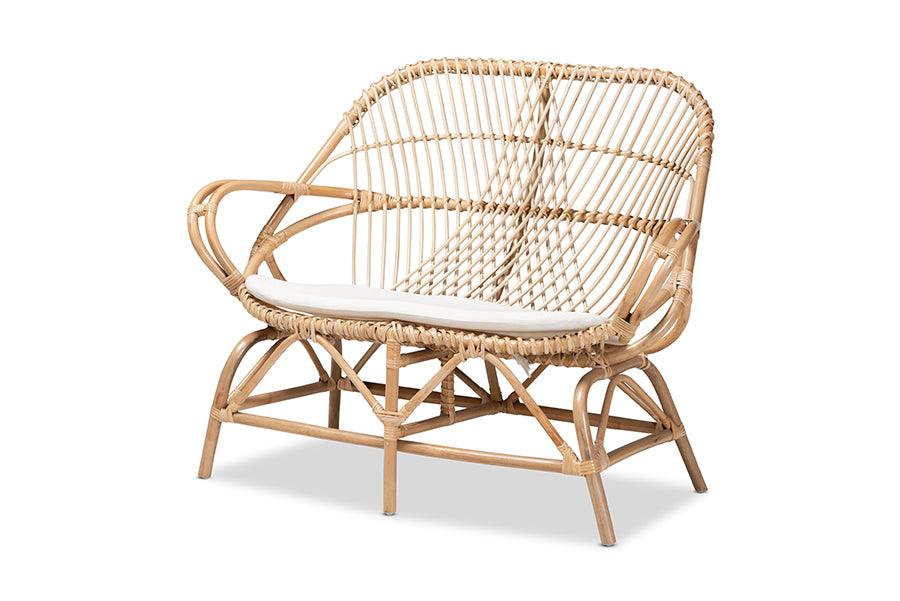 bali & pari Jayden Modern Bohemian Fabric Upholstered and Finished Rattan Loveseat