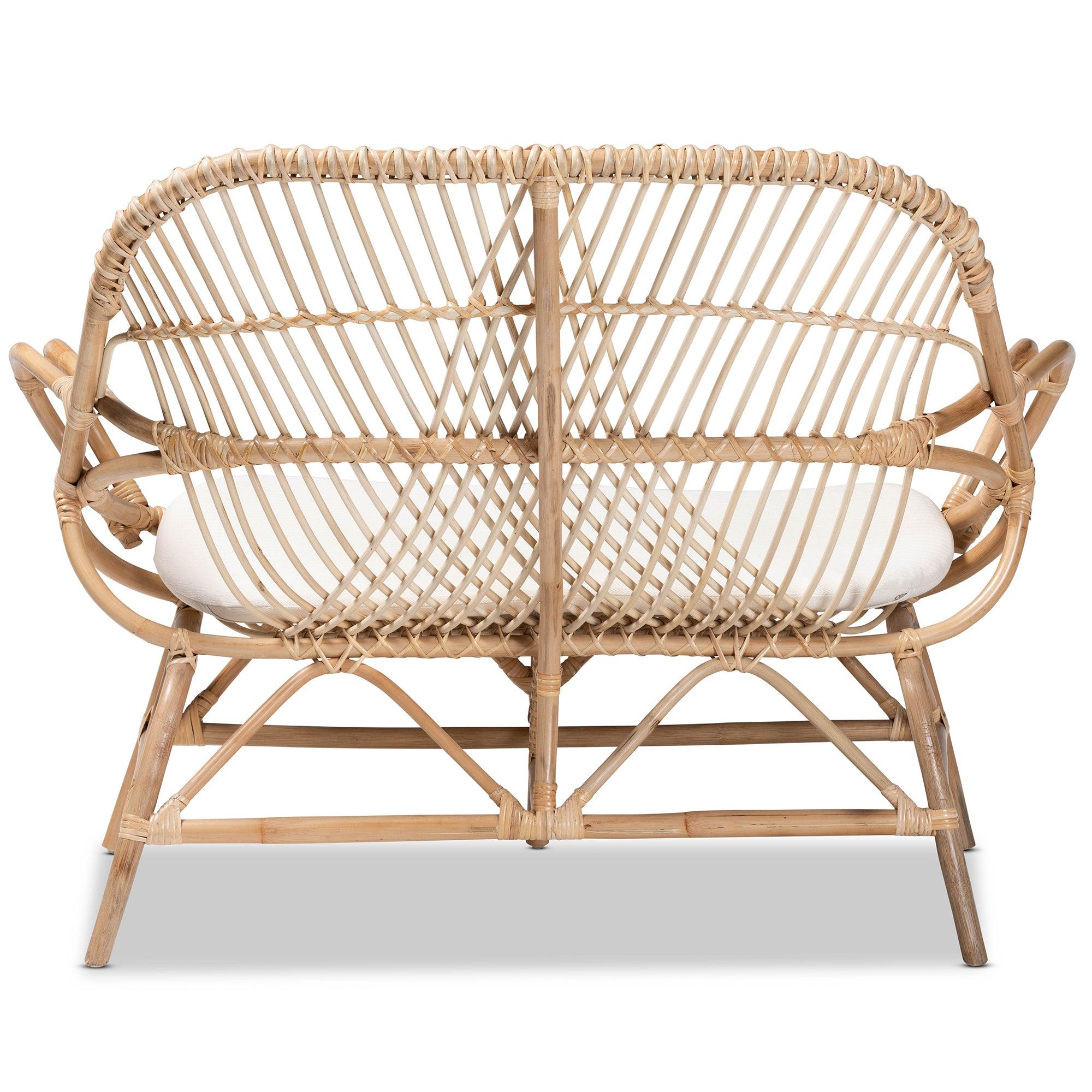 bali & pari Jayden Modern Bohemian Fabric Upholstered and Finished Rattan Loveseat