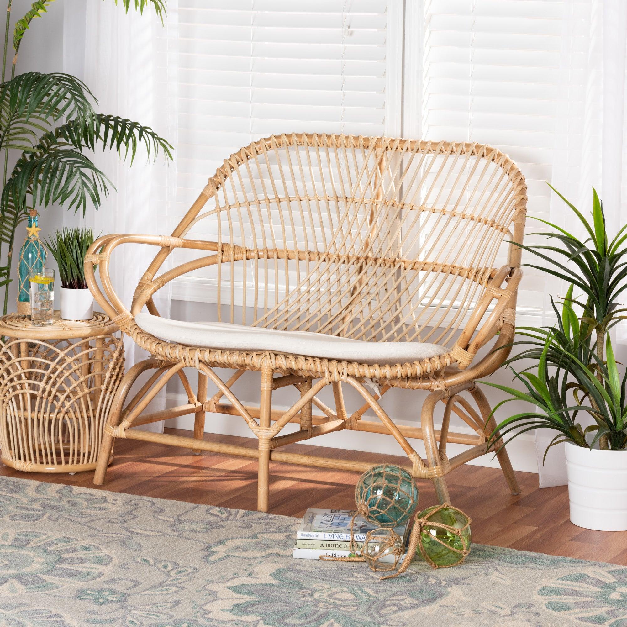 bali & pari Jayden Modern Bohemian Fabric Upholstered and Finished Rattan Loveseat