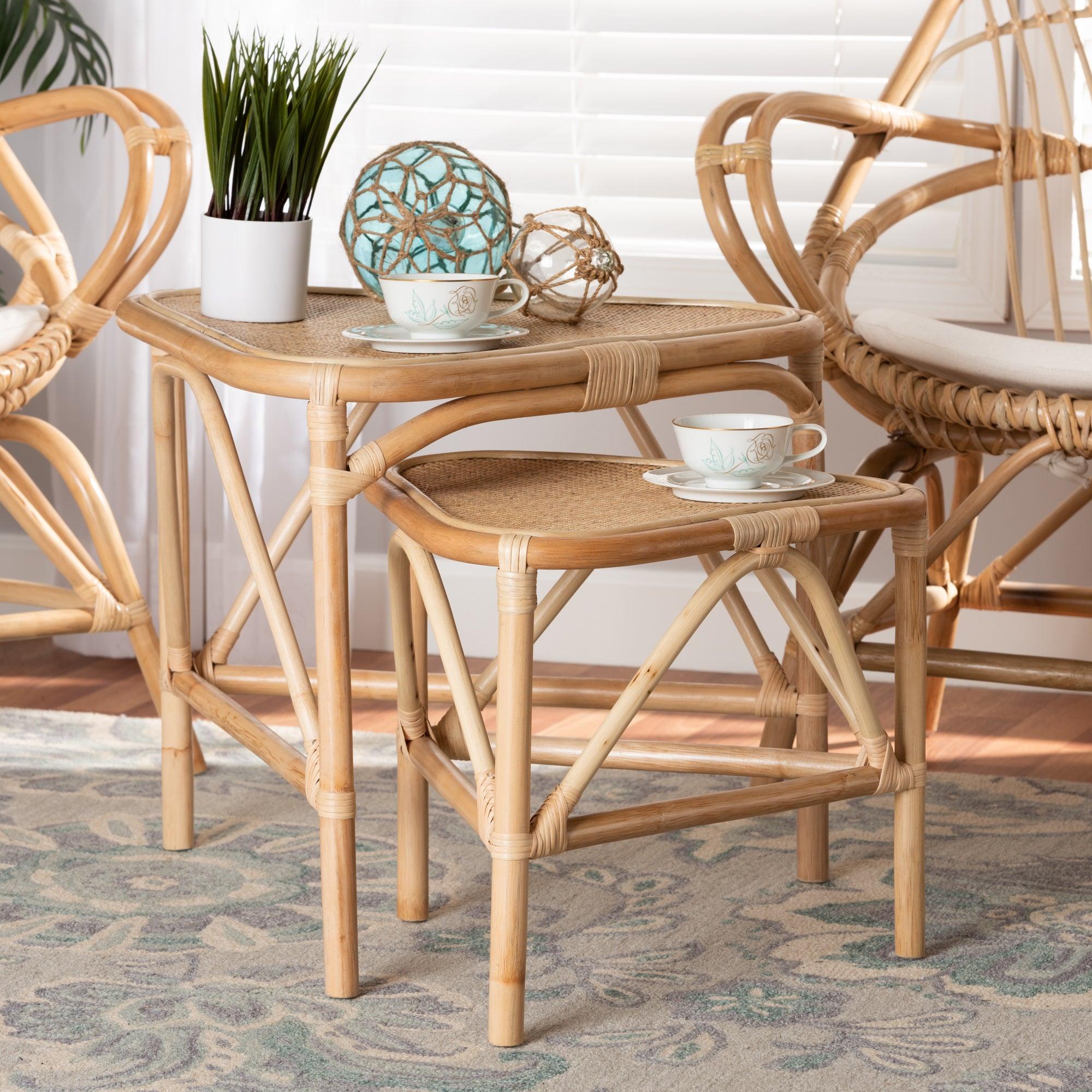 bali & pari Jayden Modern Bohemian Finished Rattan 2-Piece End Table Set