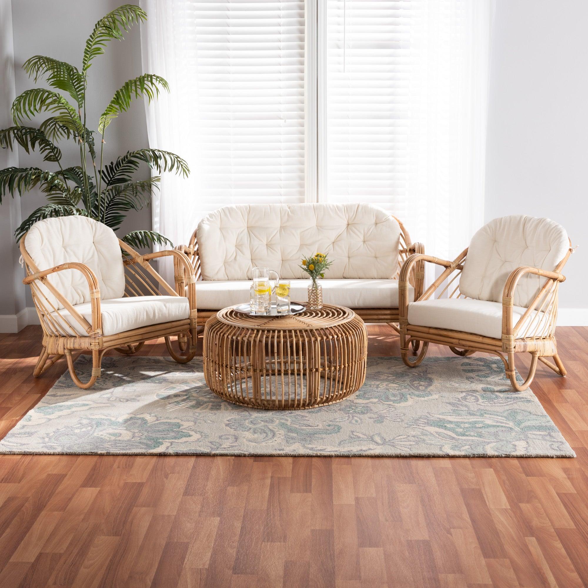 Aliane Modern Bohemian Antique Rattan 4-Piece Living Room Set