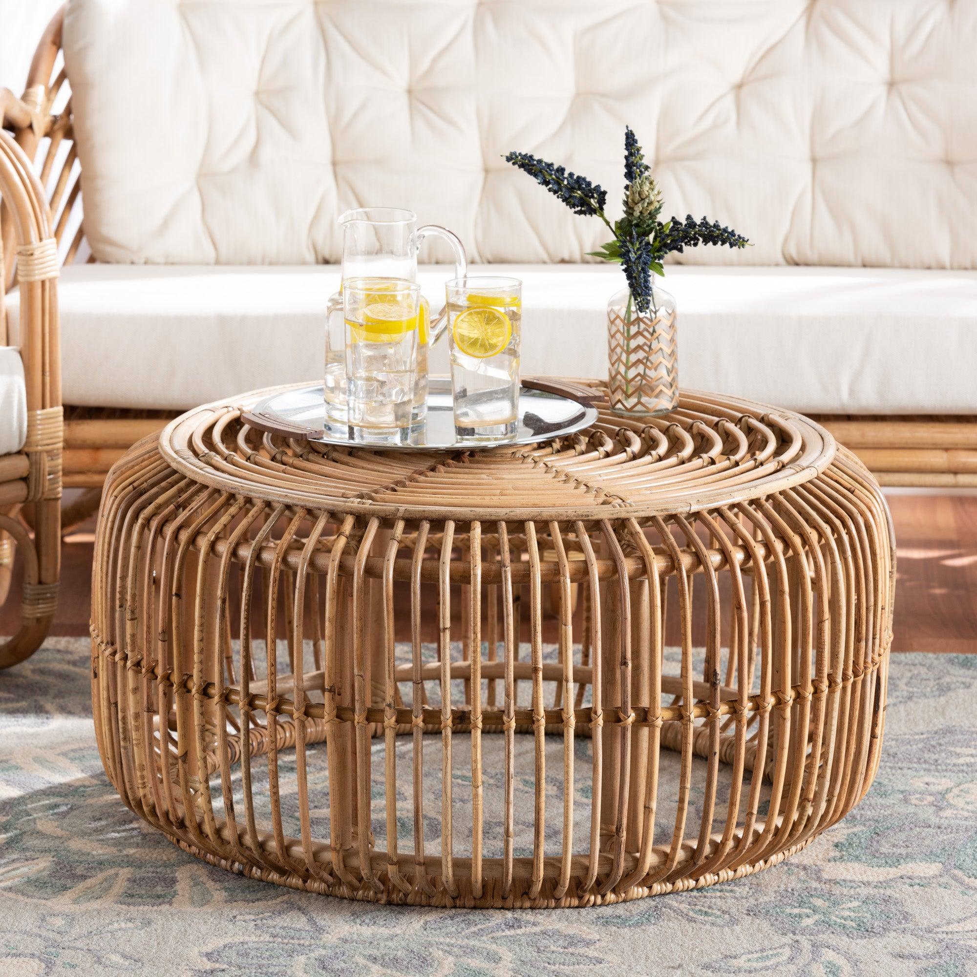 bali & pari Aliane Modern Bohemian Antique Rattan Coffee Table