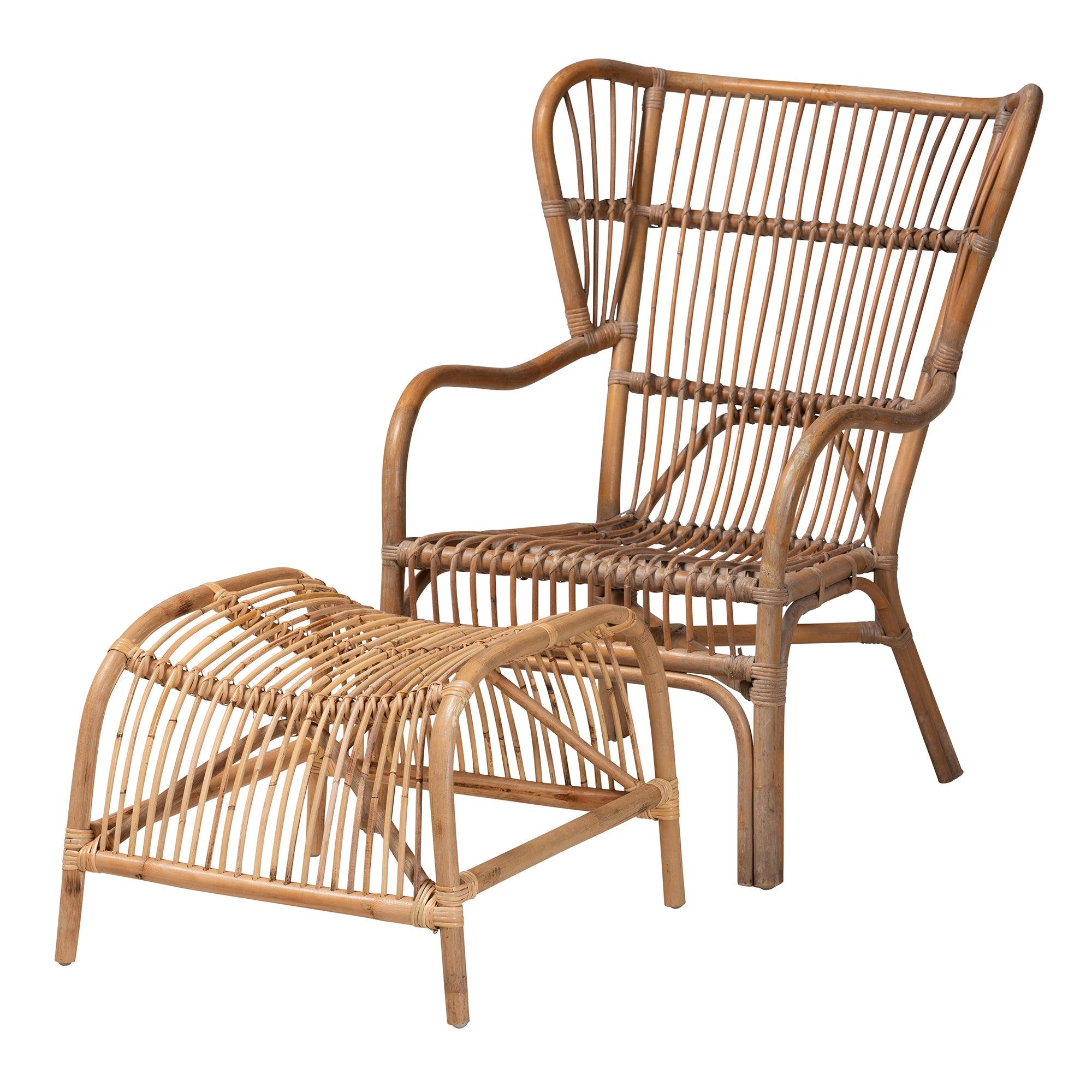 Lamaria Modern Bohmenian Antique Rattan 2-Piece Chair and Footstool Set