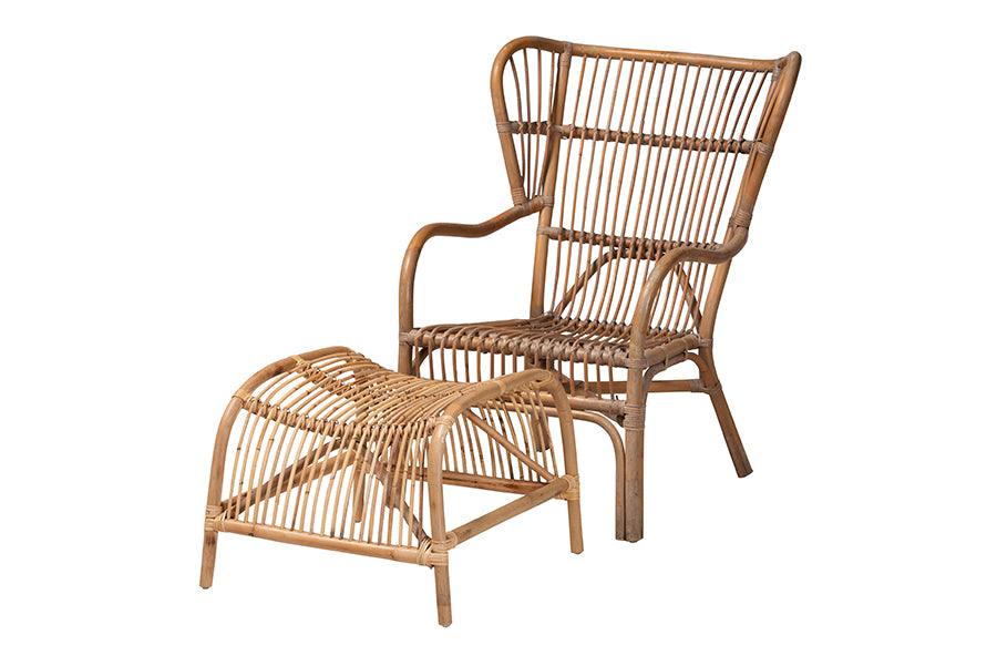 Lamaria Modern Bohmenian Antique Rattan 2-Piece Chair and Footstool Set