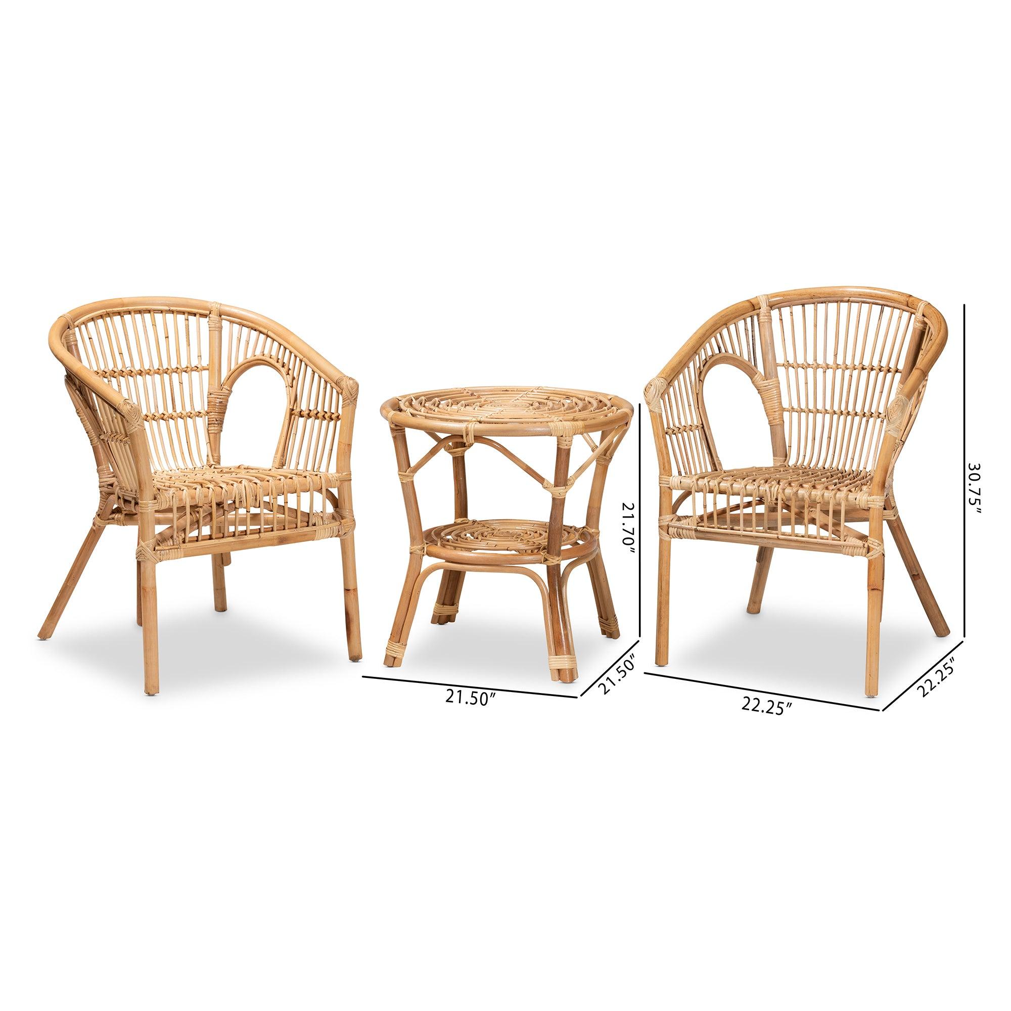 Alleta Modern Bohemian Rattan 3-Piece Living Room Set