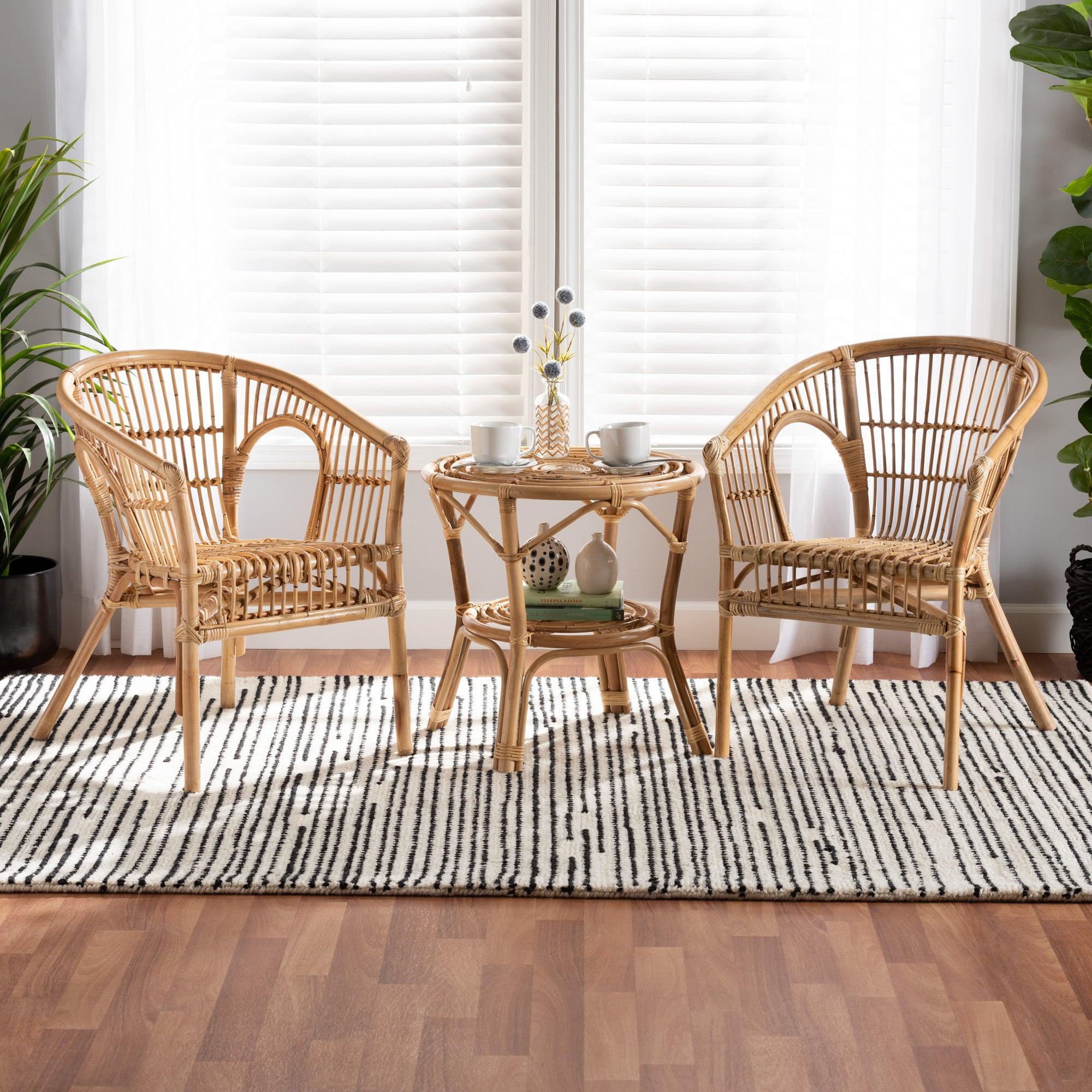 Alleta Modern Bohemian Rattan 3-Piece Living Room Set