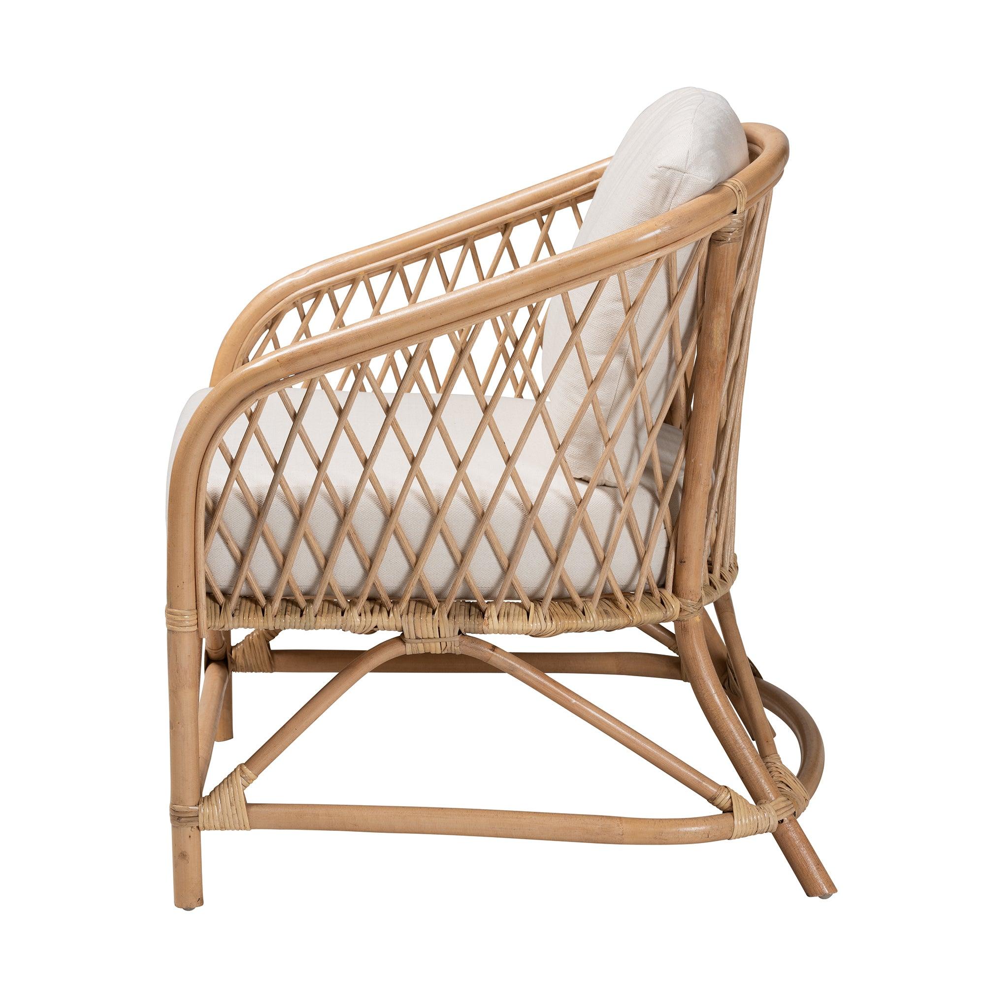 bali & pari Patsy Modern Bohemian Fabric and Rattan Armchair