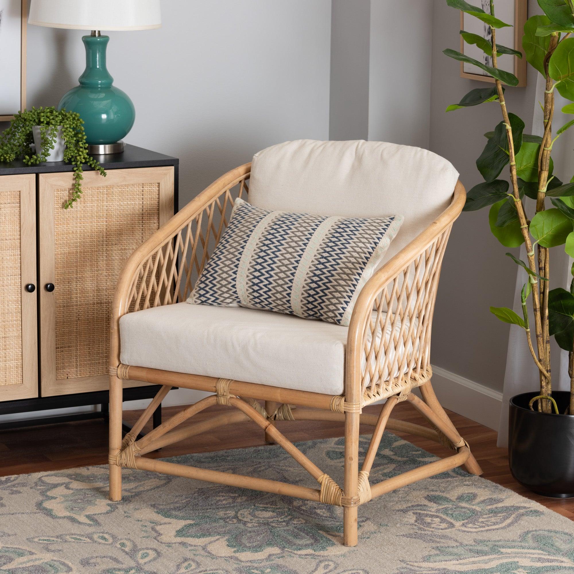 bali & pari Patsy Modern Bohemian Fabric and Rattan Armchair