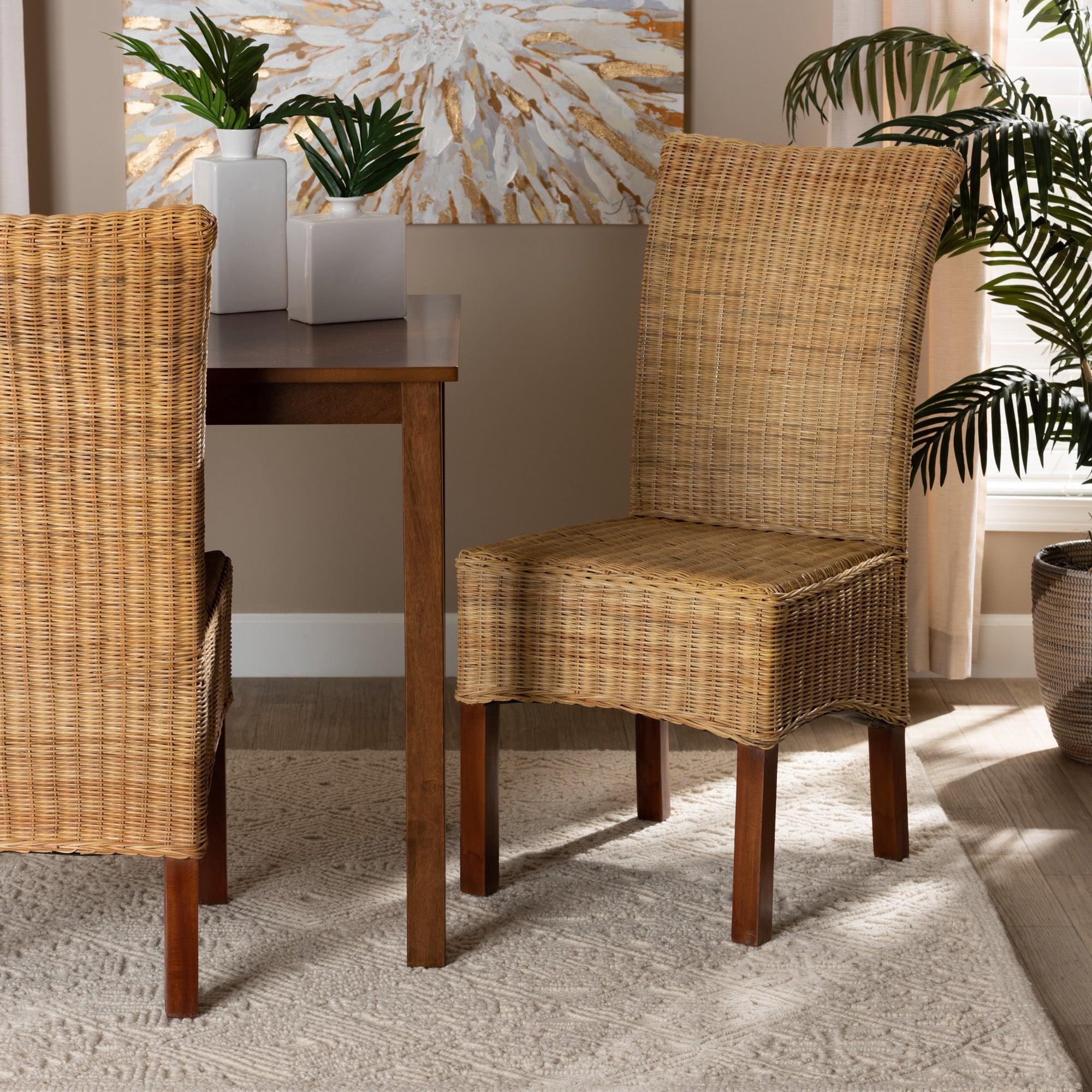 bali & pari Shamara Modern Bohemian Rattan and Mahogany Wood Dining Chair