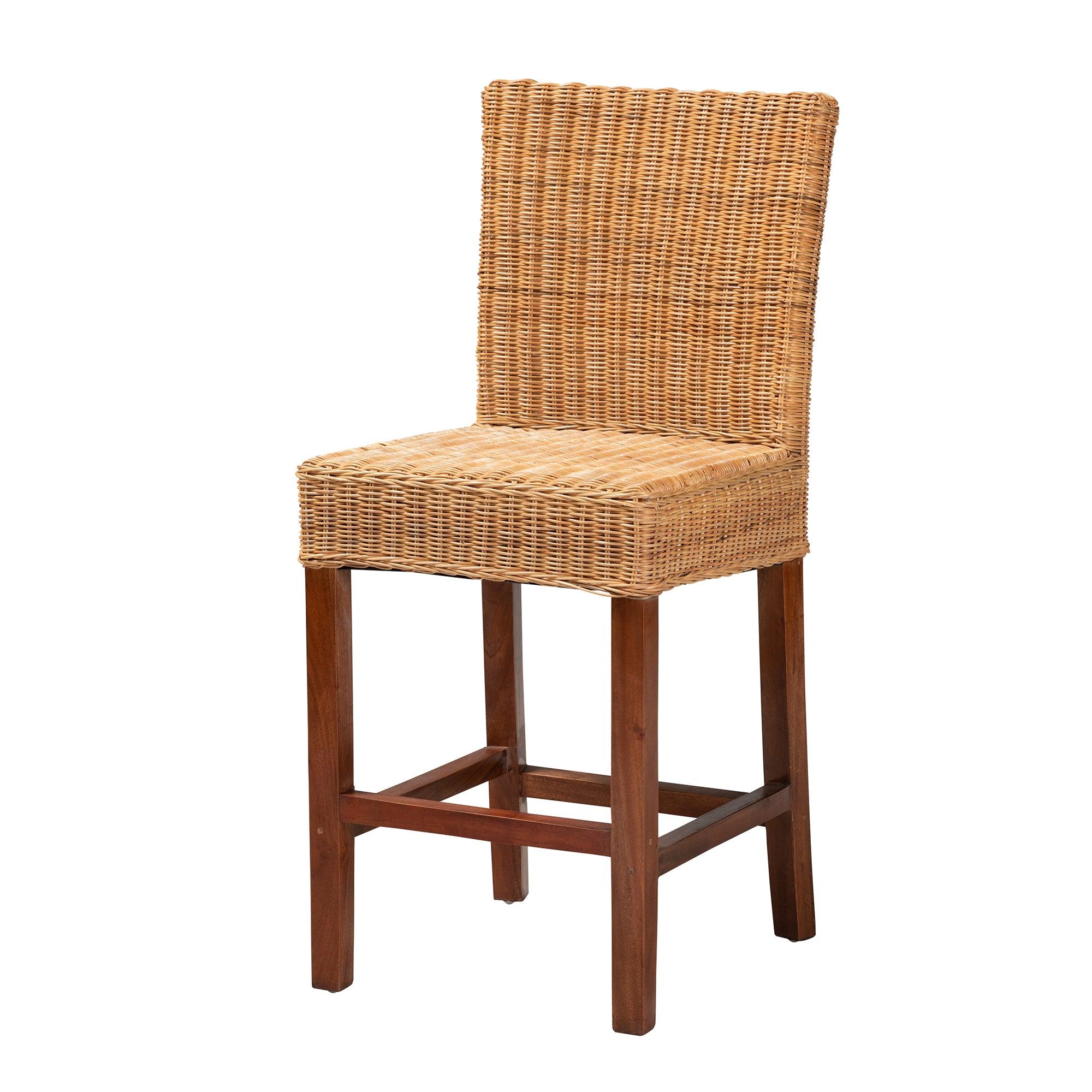 bali & pari Racquel Modern Bohemian Rattan and Mahogany Wood Counter Stool