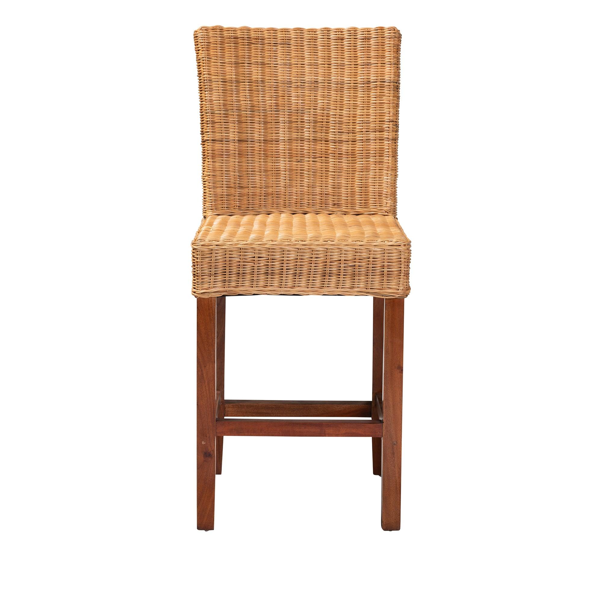 bali & pari Racquel Modern Bohemian Rattan and Mahogany Wood Counter Stool