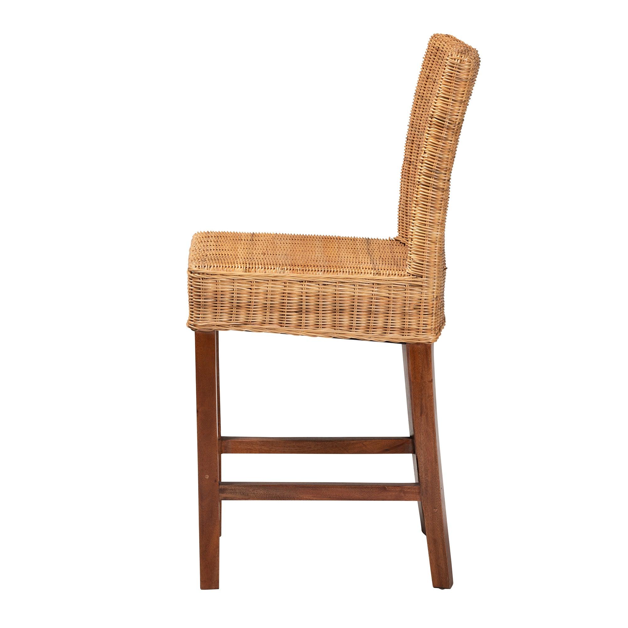 bali & pari Racquel Modern Bohemian Rattan and Mahogany Wood Counter Stool