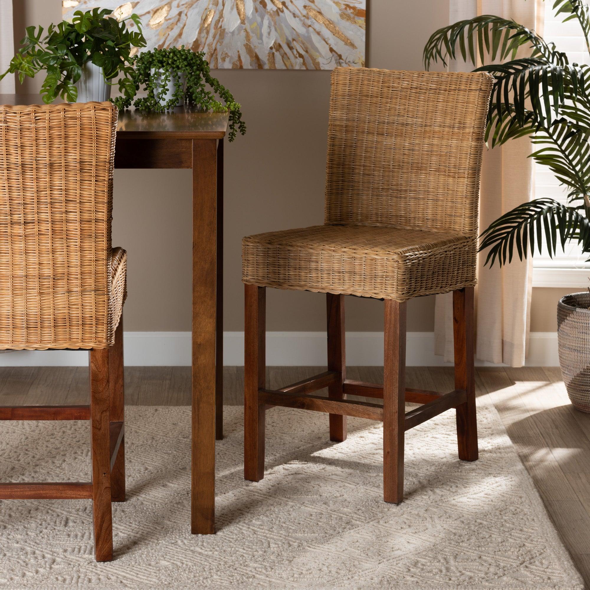 bali & pari Racquel Modern Bohemian Rattan and Mahogany Wood Counter Stool