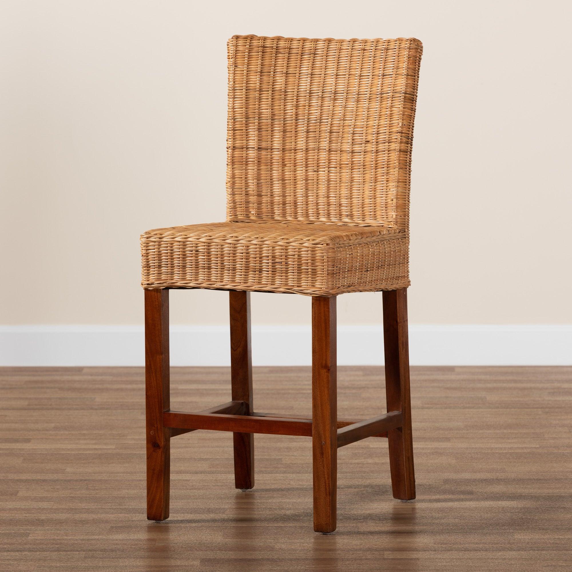 bali & pari Racquel Modern Bohemian Rattan and Mahogany Wood Counter Stool