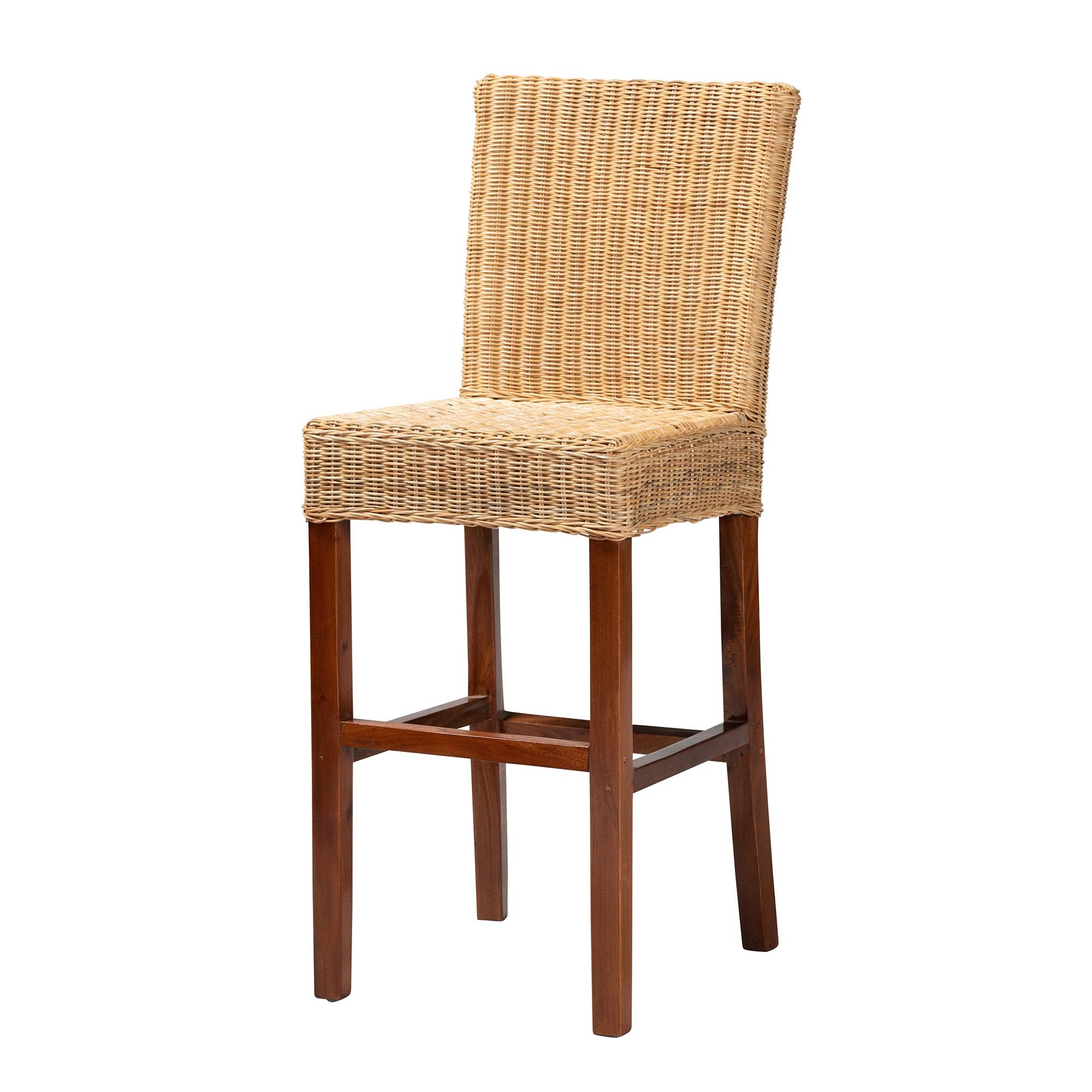 bali & pari Racquel Modern Bohemian Rattan and Mahogany Wood Bar Stool