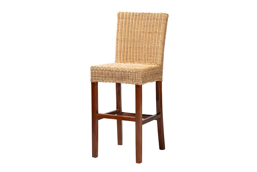 bali & pari Racquel Modern Bohemian Rattan and Mahogany Wood Bar Stool