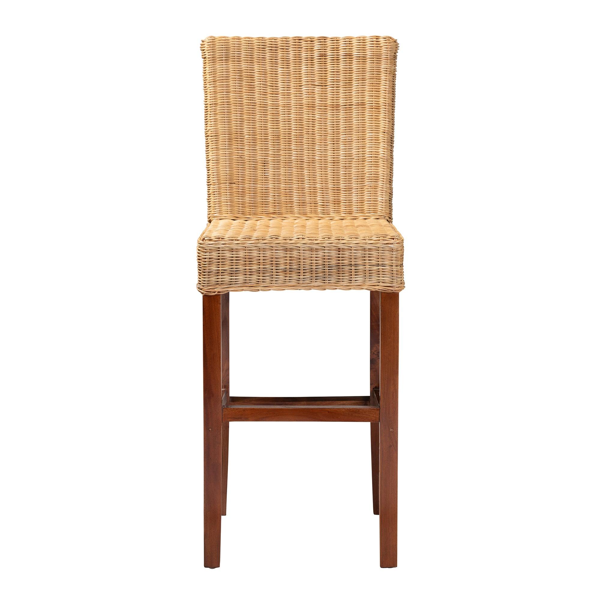 bali & pari Racquel Modern Bohemian Rattan and Mahogany Wood Bar Stool