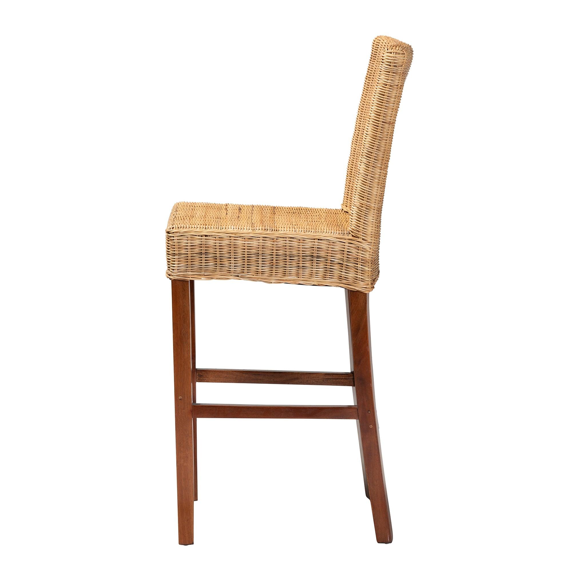 bali & pari Racquel Modern Bohemian Rattan and Mahogany Wood Bar Stool