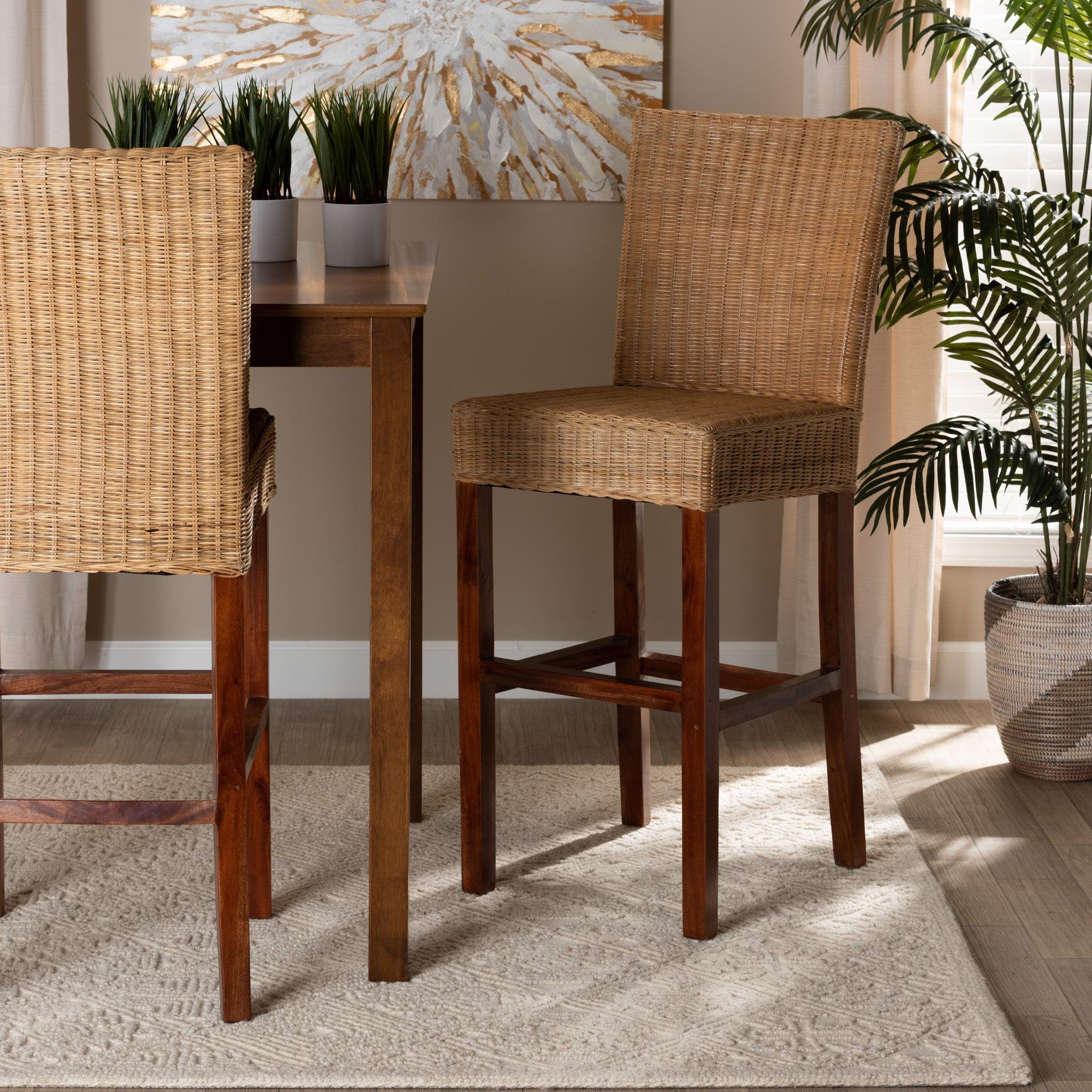 bali & pari Racquel Modern Bohemian Rattan and Mahogany Wood Bar Stool