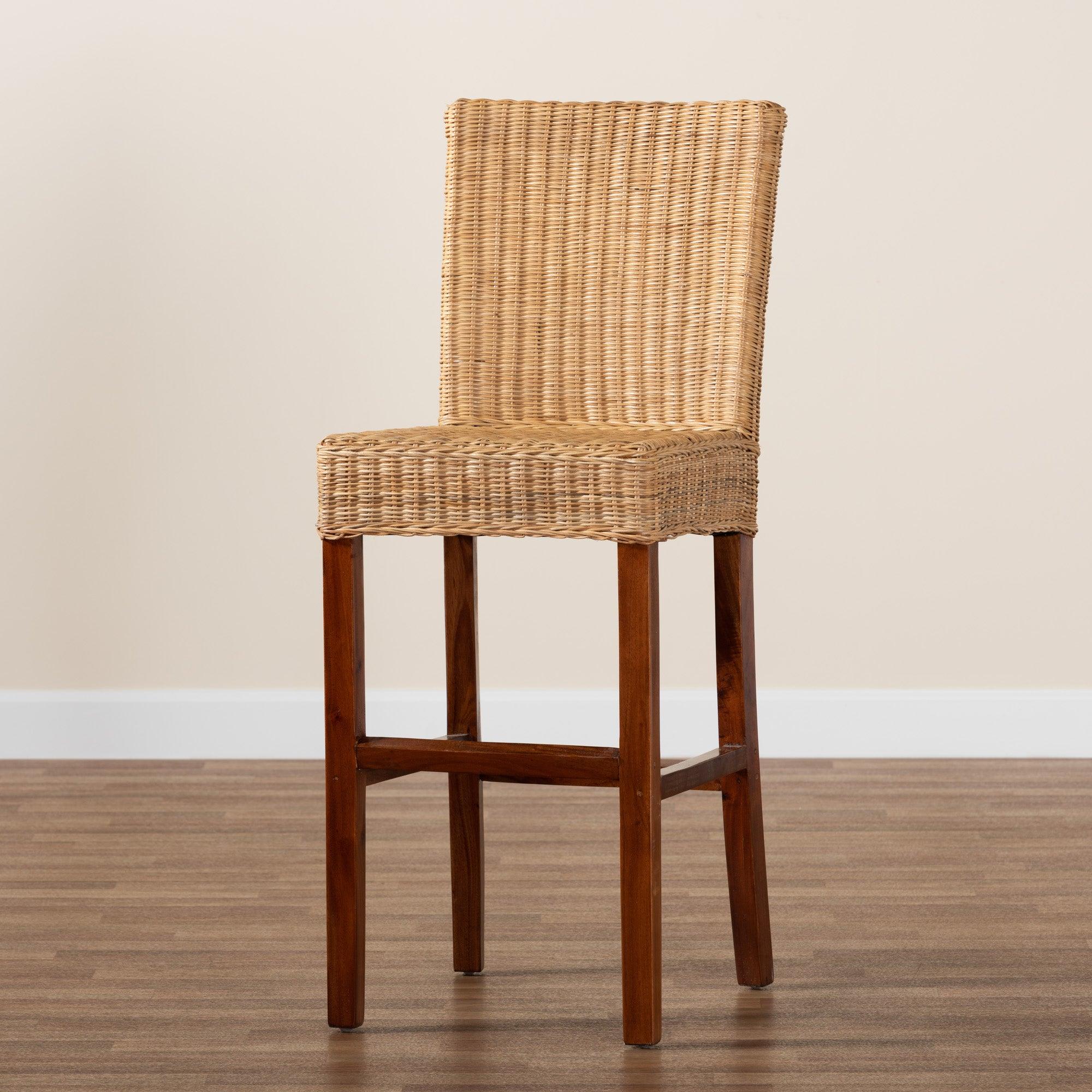 bali & pari Racquel Modern Bohemian Rattan and Mahogany Wood Bar Stool