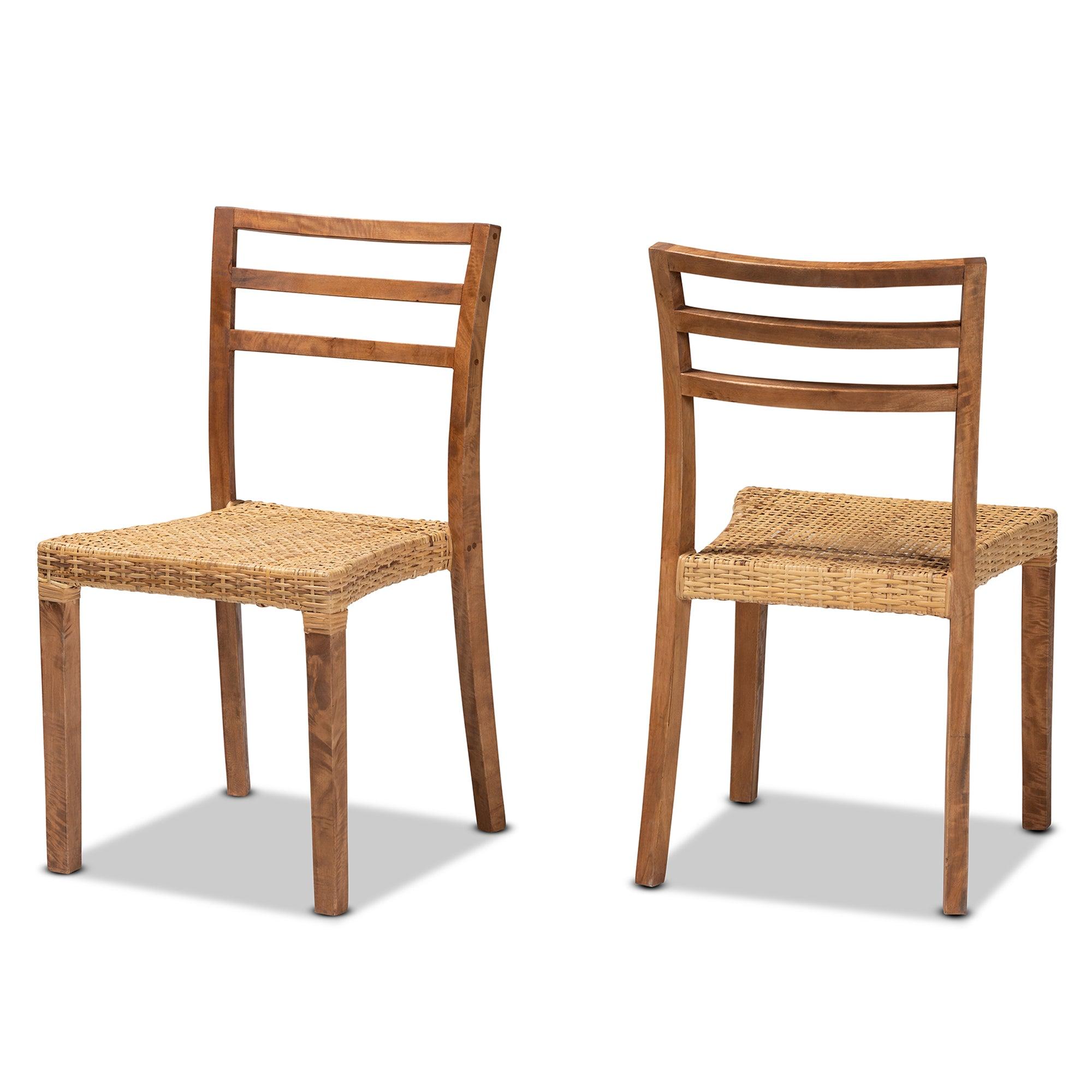 bali & pari Arthur Mid-Century Modern Mahogany Wood and Rattan 2-Piece Dining Chair Set