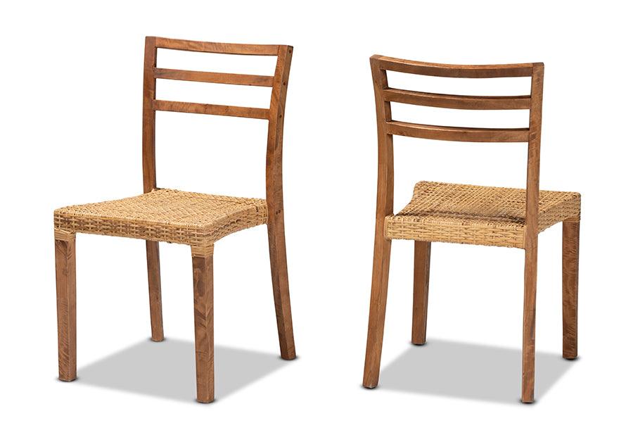 bali & pari Arthur Mid-Century Modern Mahogany Wood and Rattan 2-Piece Dining Chair Set