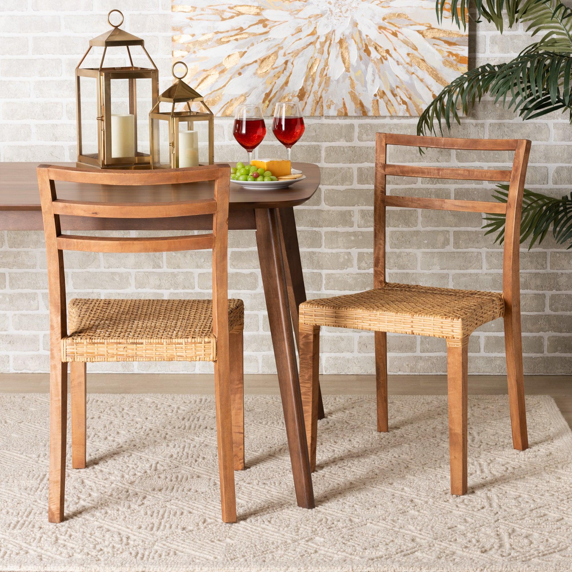 bali & pari Arthur Mid-Century Modern Mahogany Wood and Rattan 2-Piece Dining Chair Set