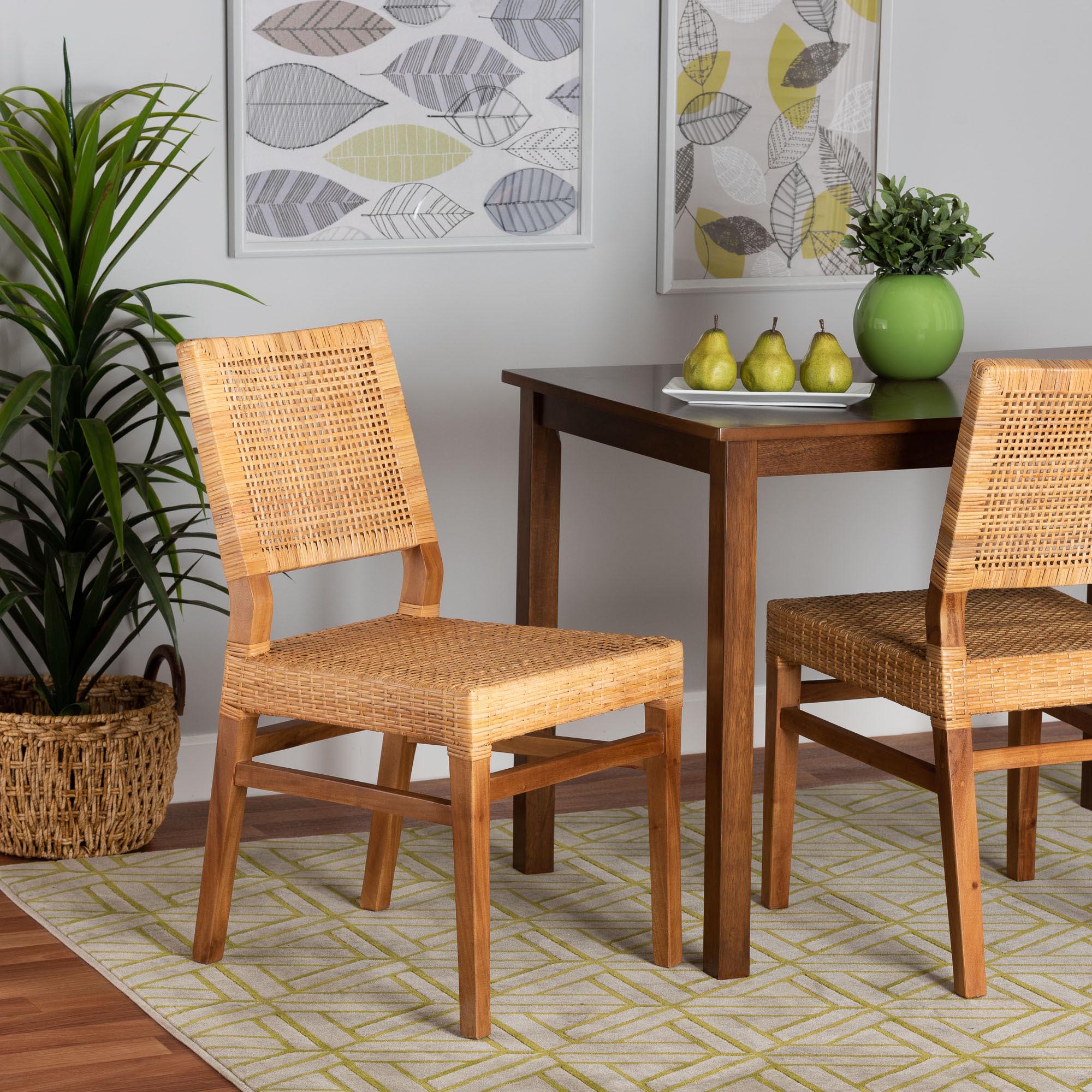 bali & pari Lesia Modern Bohemian Rattan and Mahogany Wood Dining Chair