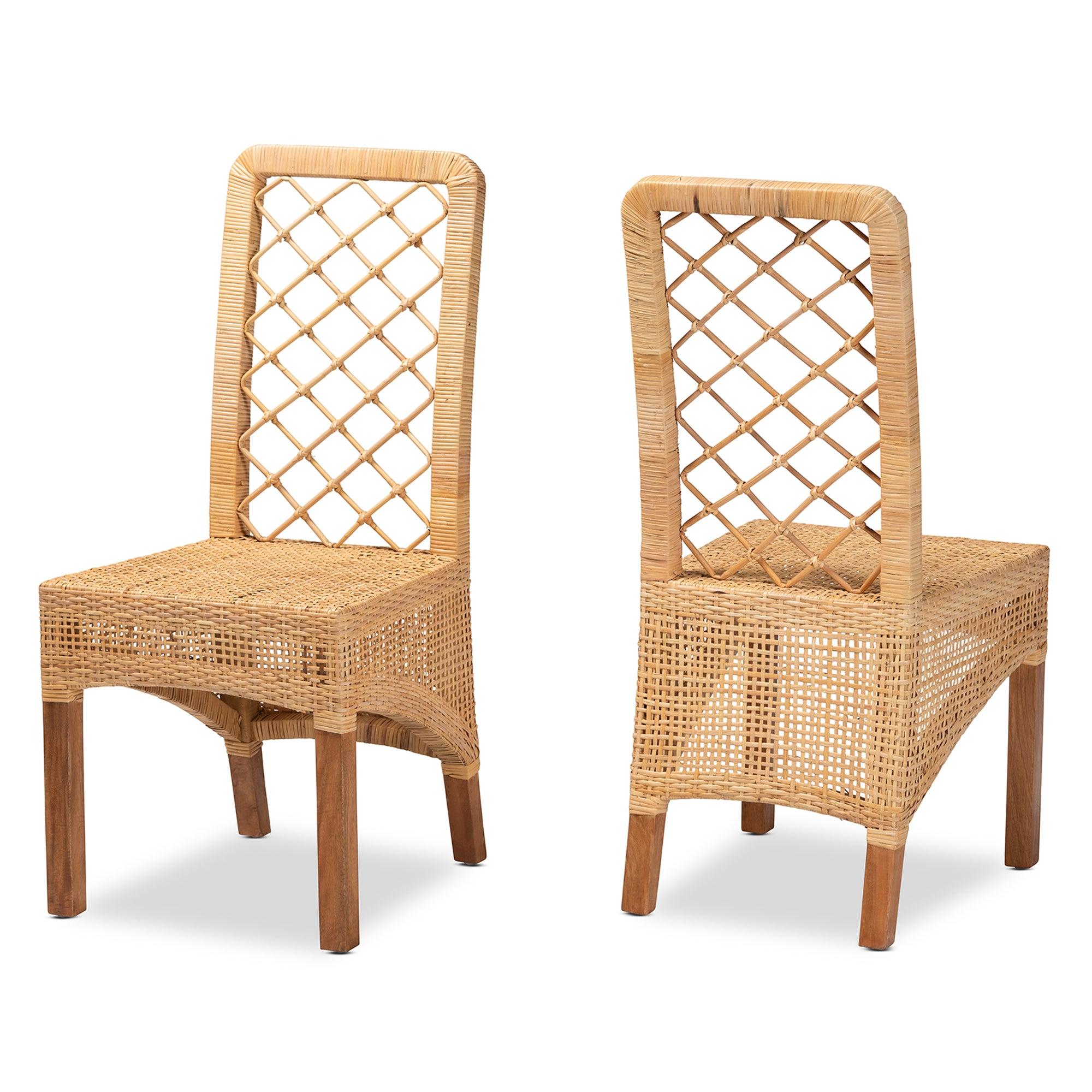 bali & pari Moscow Modern Bohemian Rattan and Mahogany Wood 2-Piece Dining Chair Set