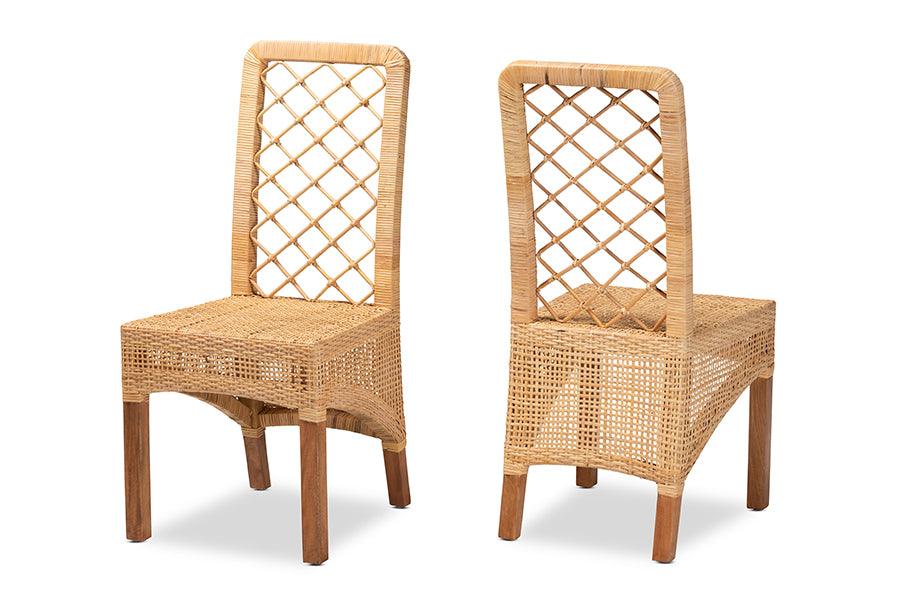 bali & pari Moscow Modern Bohemian Rattan and Mahogany Wood 2-Piece Dining Chair Set