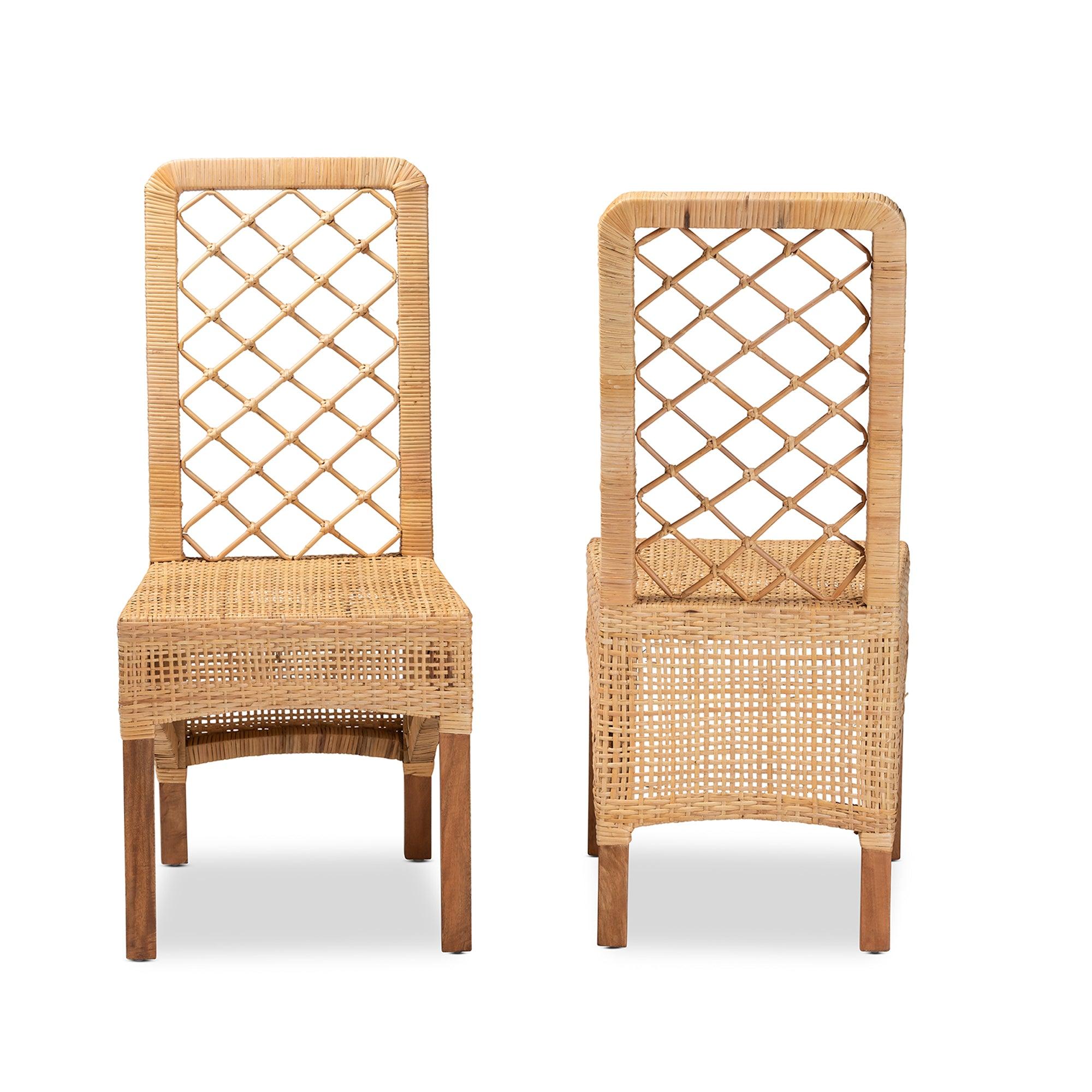 bali & pari Moscow Modern Bohemian Rattan and Mahogany Wood 2-Piece Dining Chair Set