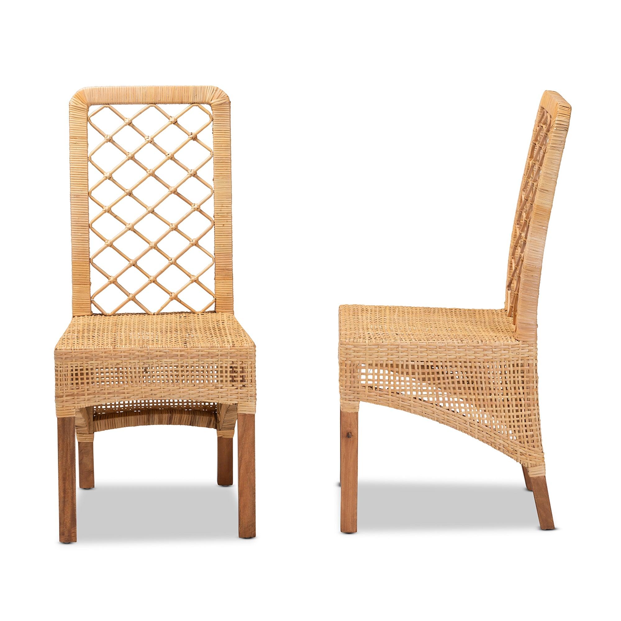 bali & pari Moscow Modern Bohemian Rattan and Mahogany Wood 2-Piece Dining Chair Set