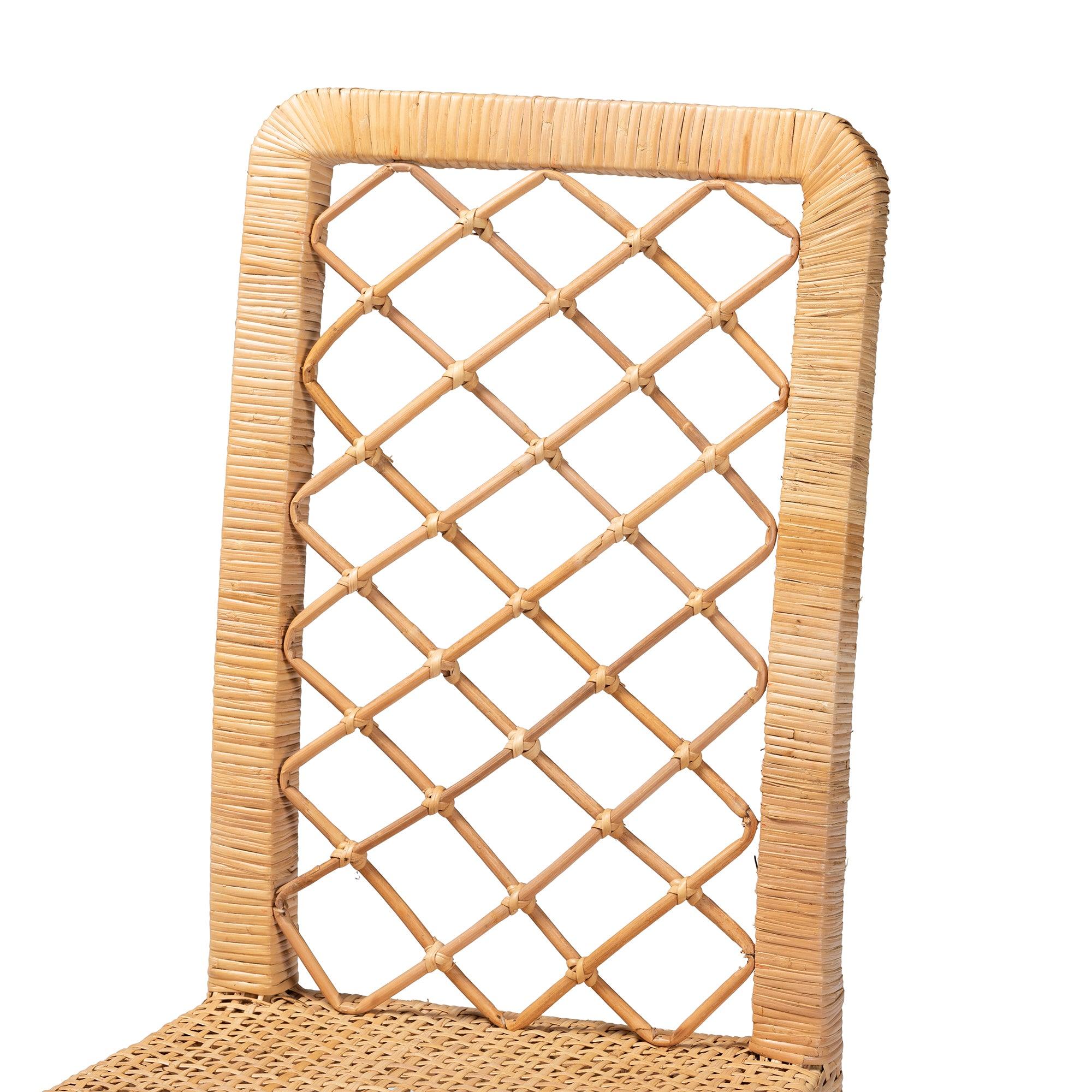 bali & pari Moscow Modern Bohemian Rattan and Mahogany Wood 2-Piece Dining Chair Set