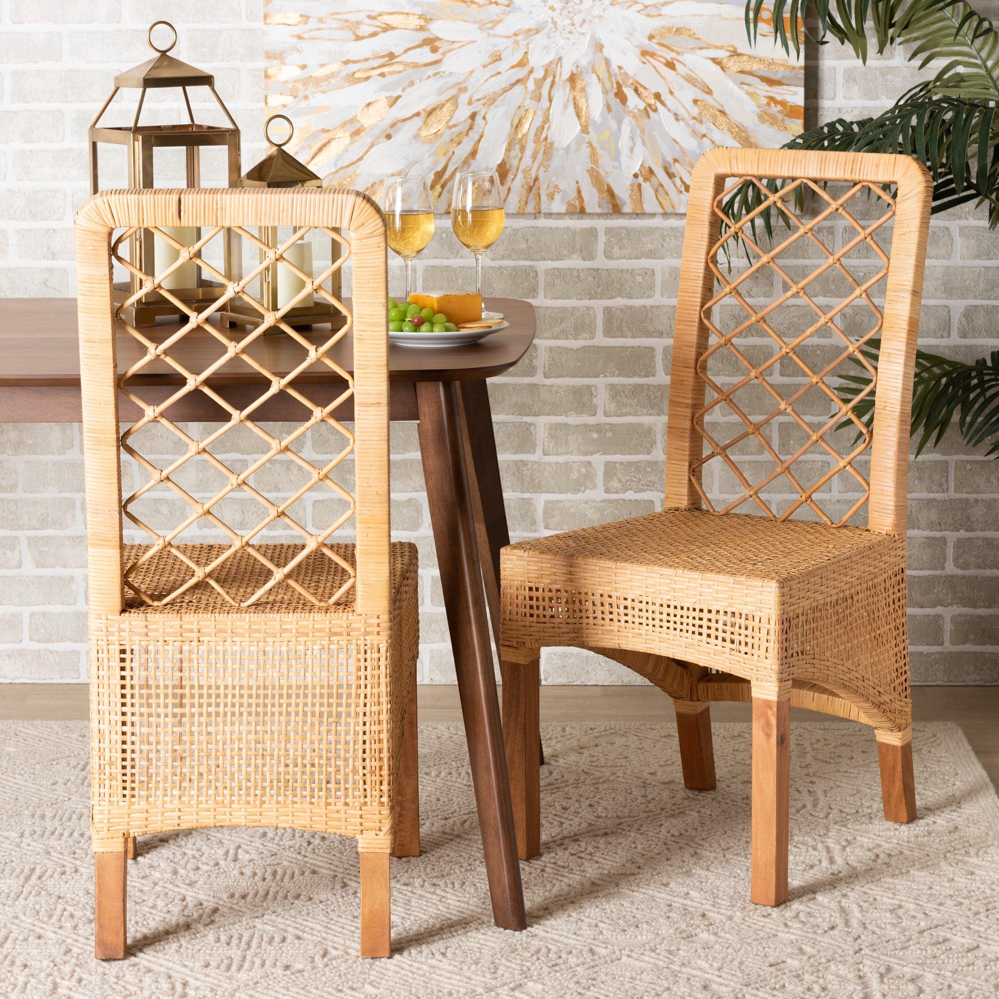 bali & pari Moscow Modern Bohemian Rattan and Mahogany Wood 2-Piece Dining Chair Set