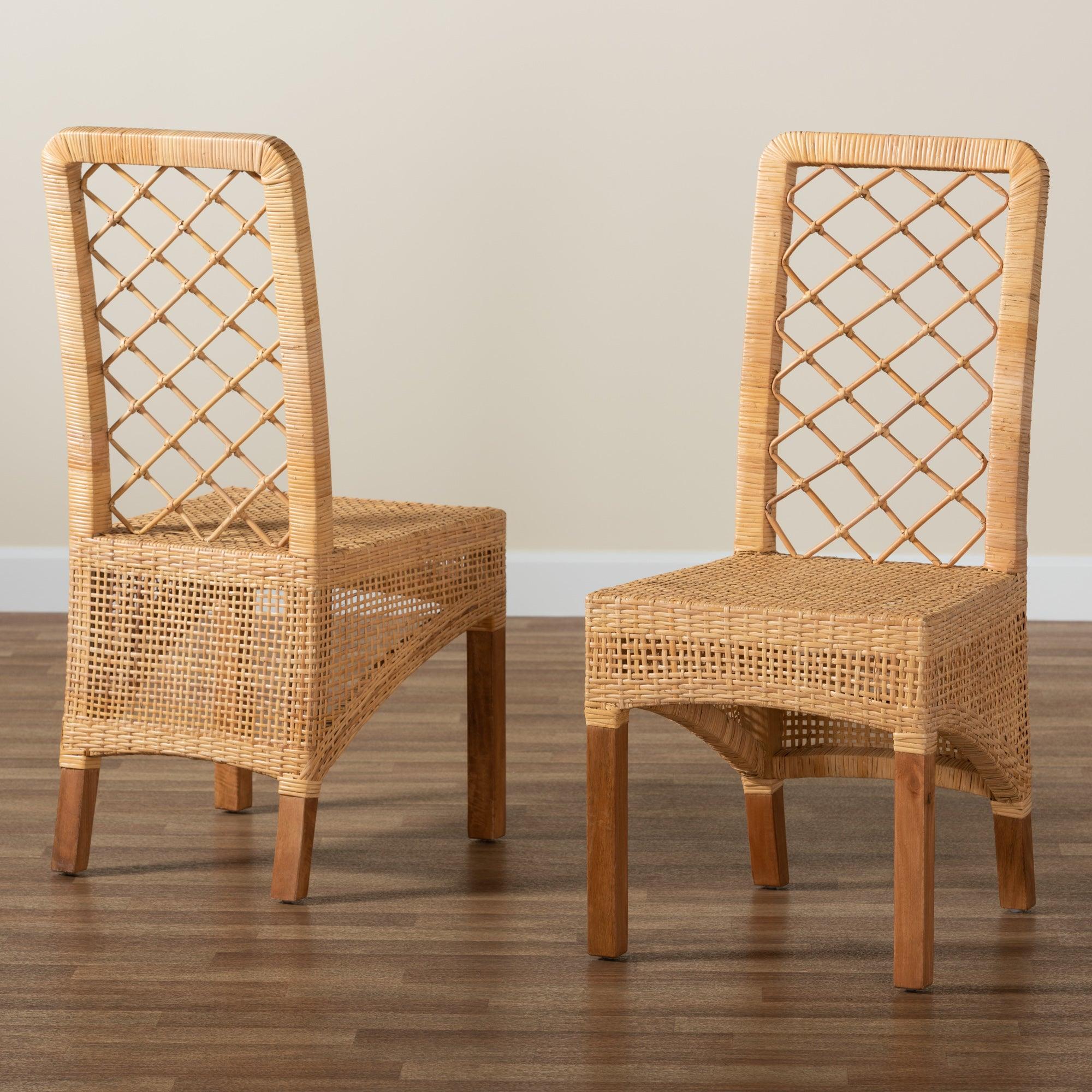 bali & pari Moscow Modern Bohemian Rattan and Mahogany Wood 2-Piece Dining Chair Set