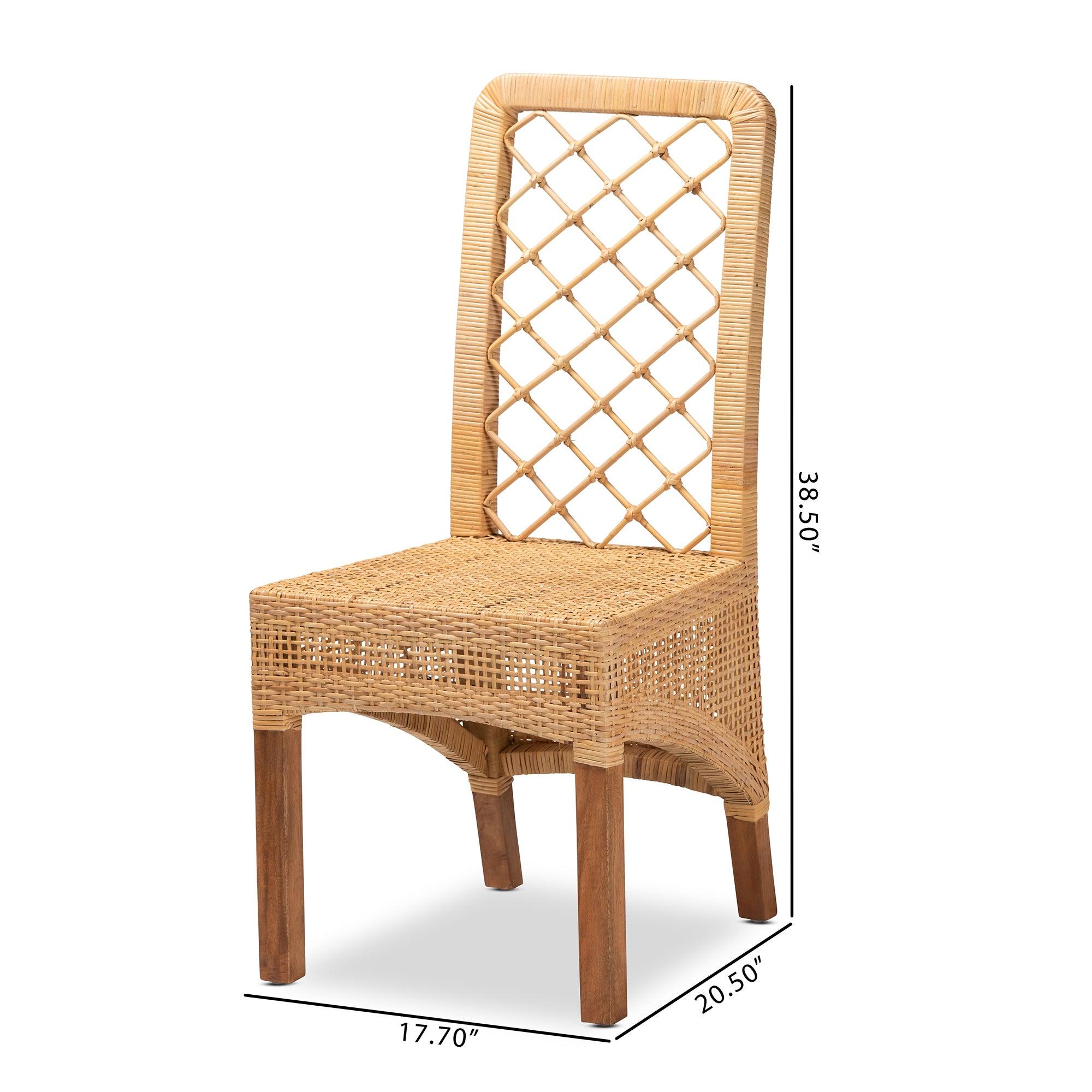 bali & pari Moscow Modern Bohemian Rattan and Mahogany Wood 2-Piece Dining Chair Set