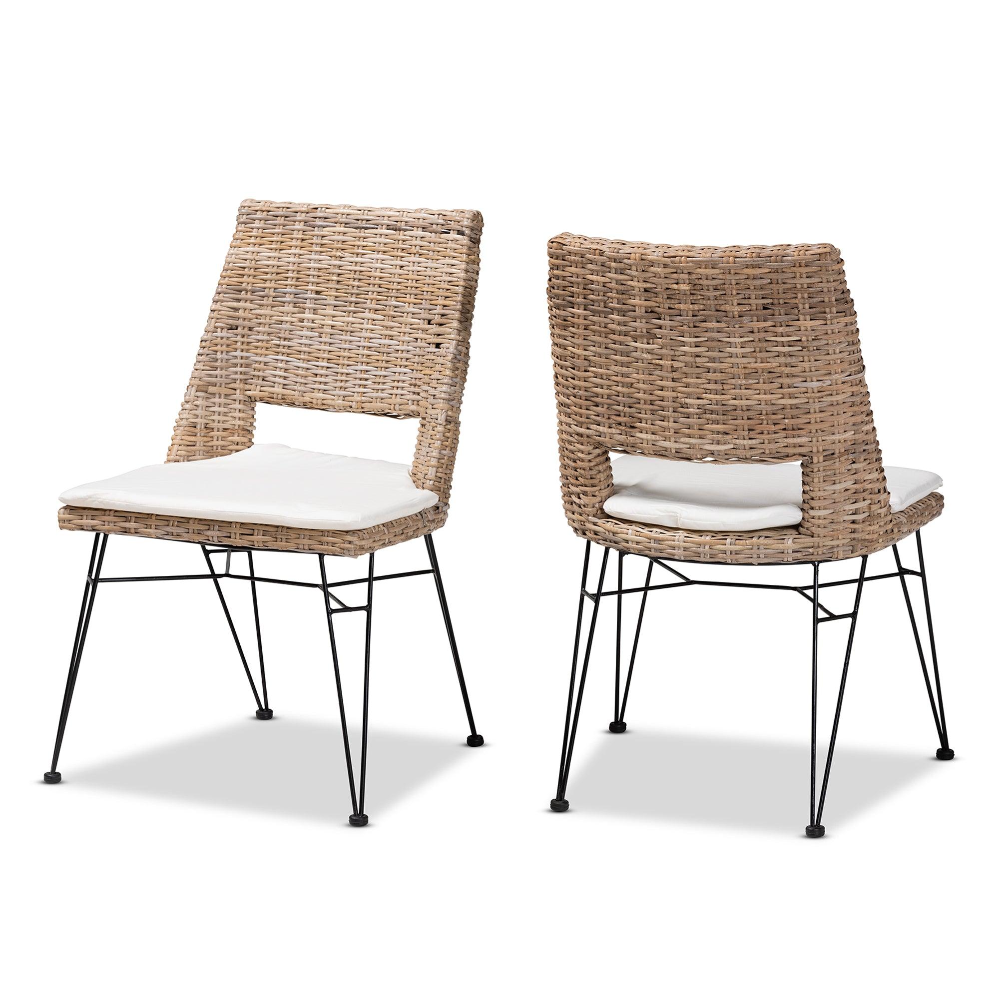 bali & pari Nafaro Modern Bohemian washed Rattan Metal Dining Chair with Cushion 2-Piece Set