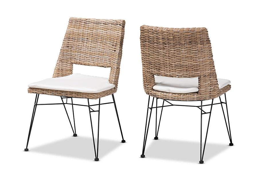 bali & pari Nafaro Modern Bohemian washed Rattan Metal Dining Chair with Cushion 2-Piece Set