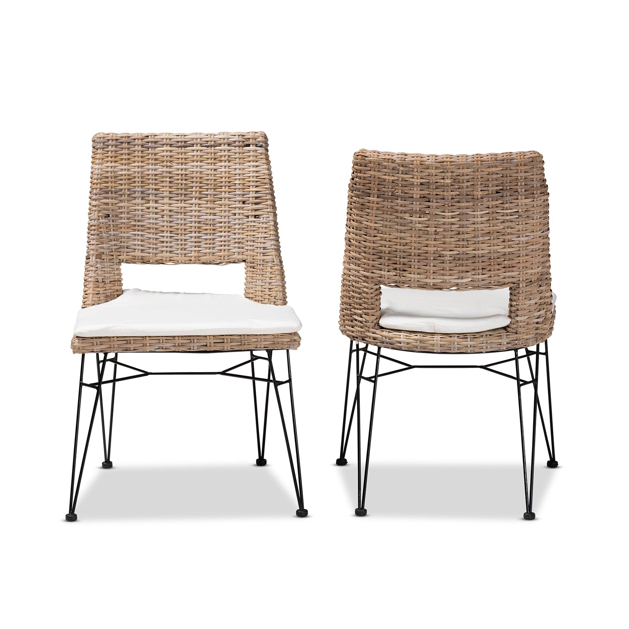 bali & pari Nafaro Modern Bohemian washed Rattan Metal Dining Chair with Cushion 2-Piece Set