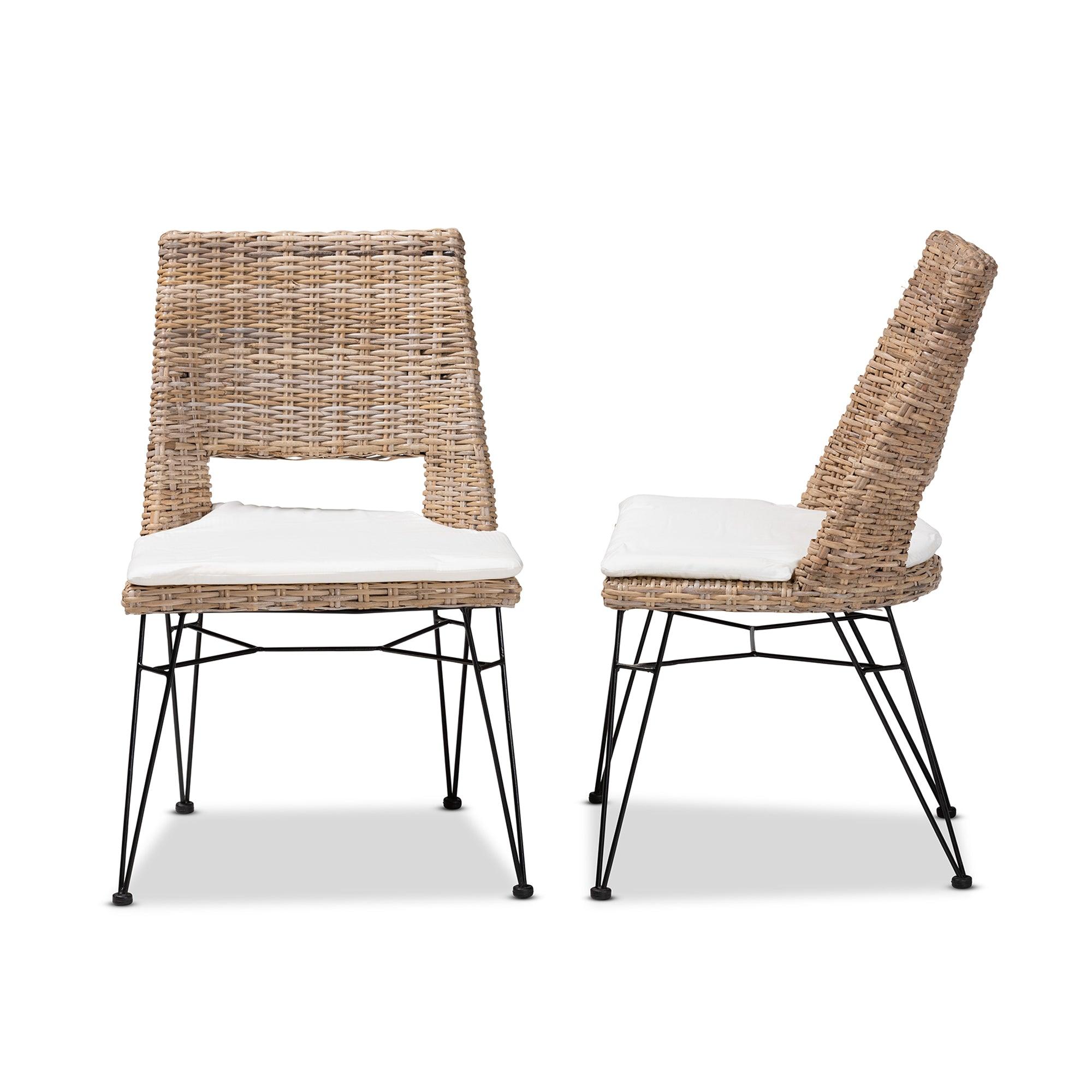 bali & pari Nafaro Modern Bohemian washed Rattan Metal Dining Chair with Cushion 2-Piece Set