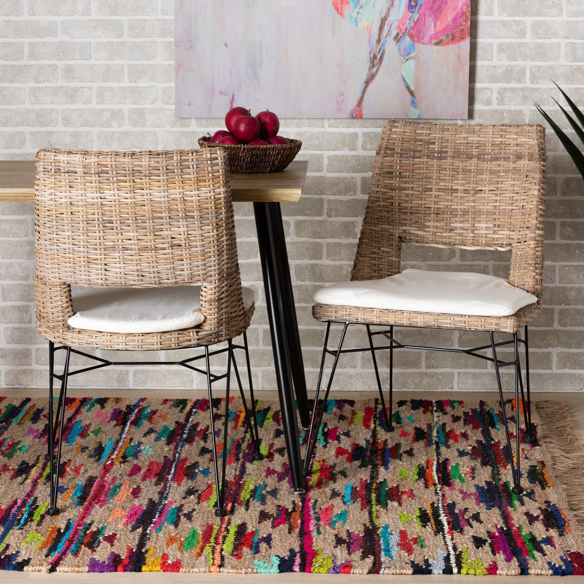 bali & pari Nafaro Modern Bohemian washed Rattan Metal Dining Chair with Cushion 2-Piece Set