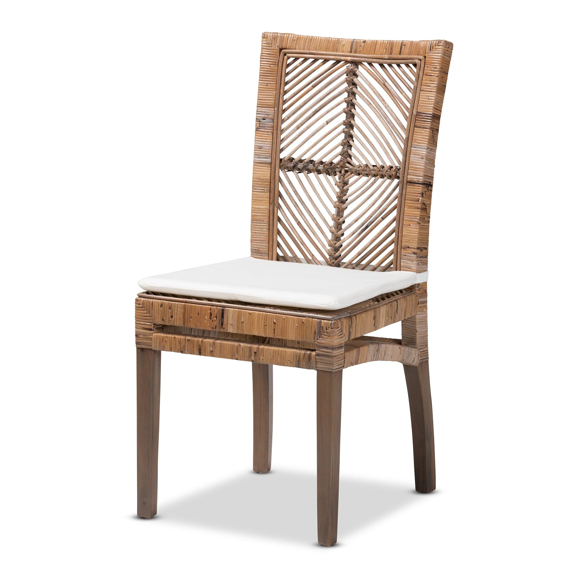 bali & pari Laluna Modern Bohemian washed Rattan and Mahogany Dining Chair with Cushion