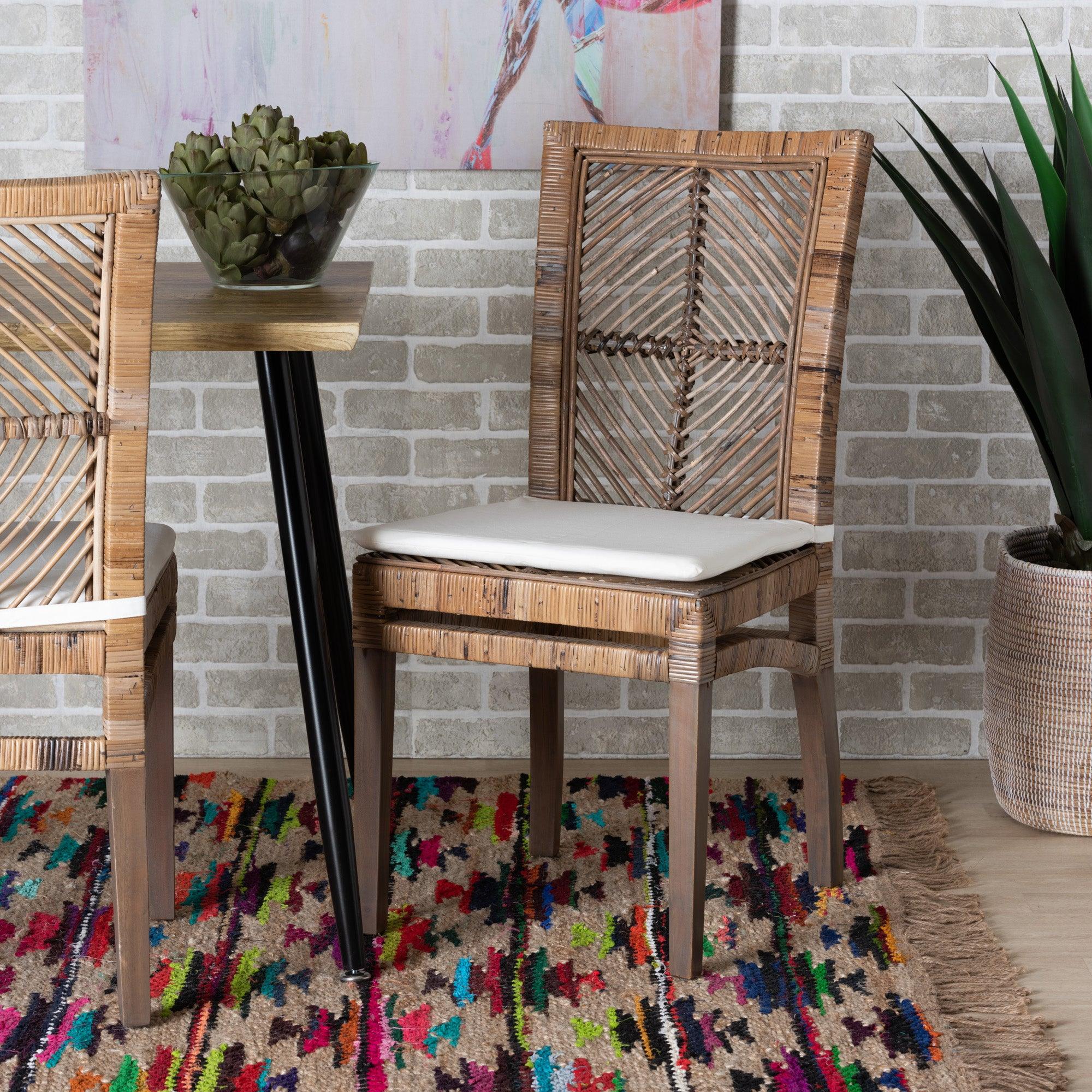 bali & pari Laluna Modern Bohemian washed Rattan and Mahogany Dining Chair with Cushion