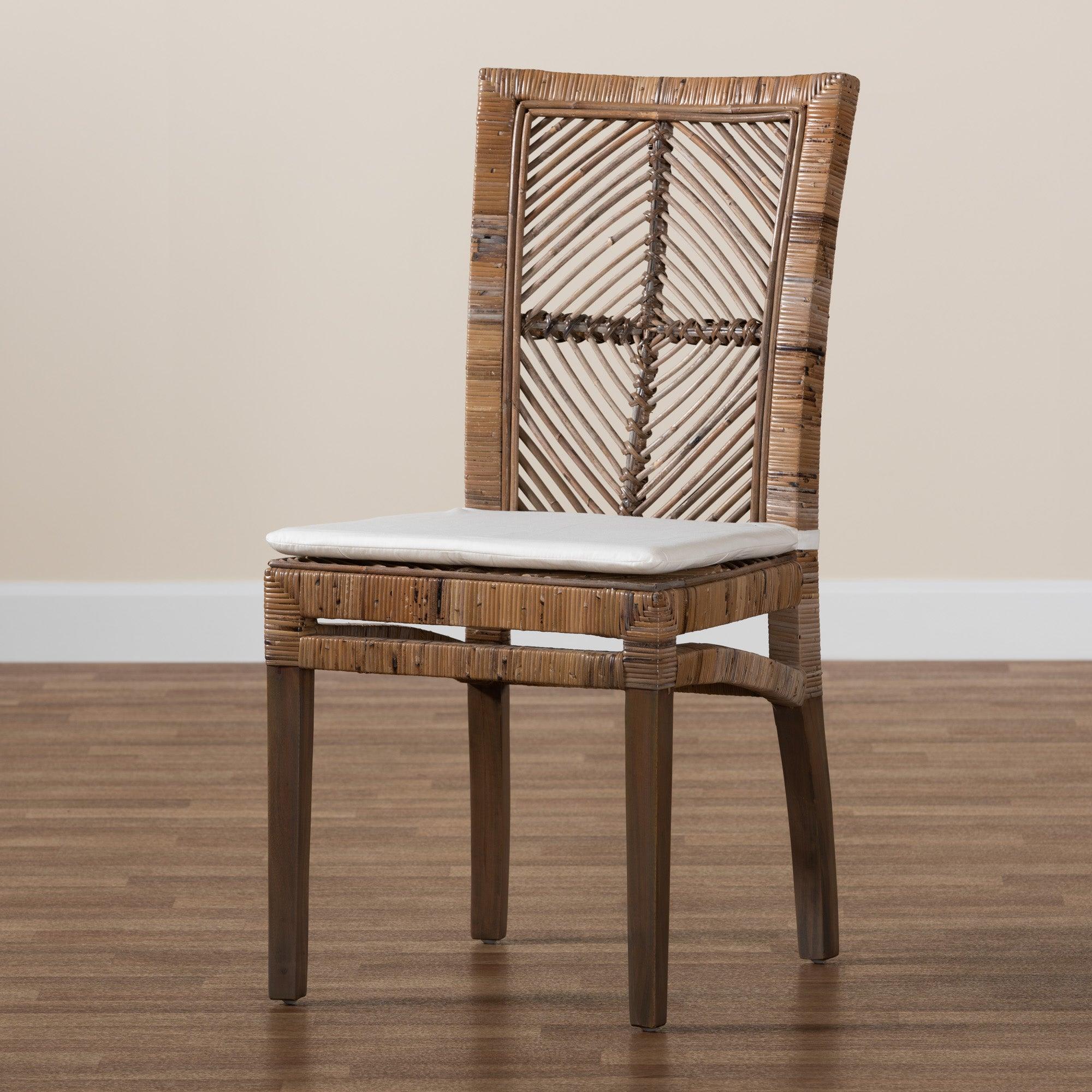 bali & pari Laluna Modern Bohemian washed Rattan and Mahogany Dining Chair with Cushion