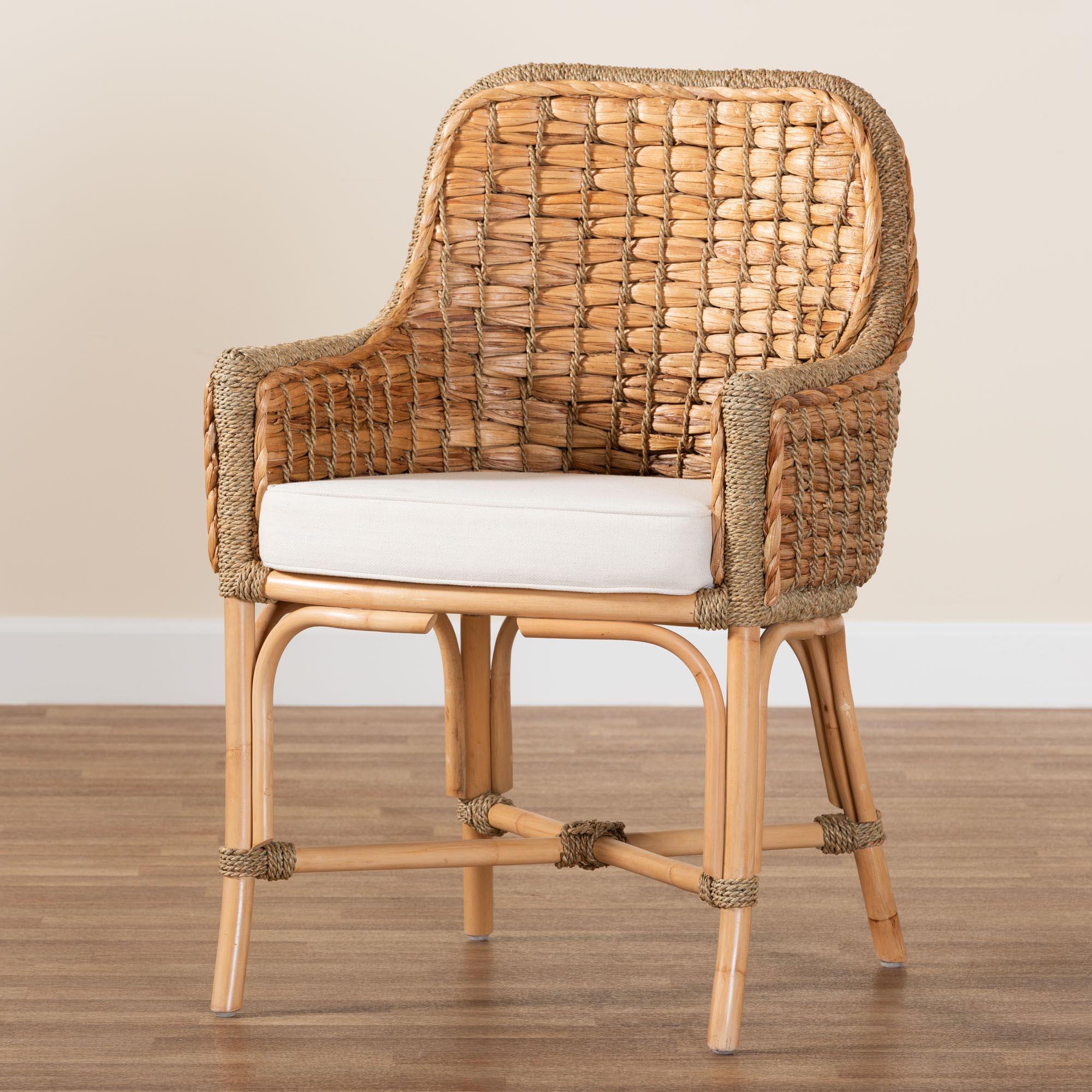 bali & pari Kyle Modern Bohemian Woven Rattan Dining Arm Chair with Cushion