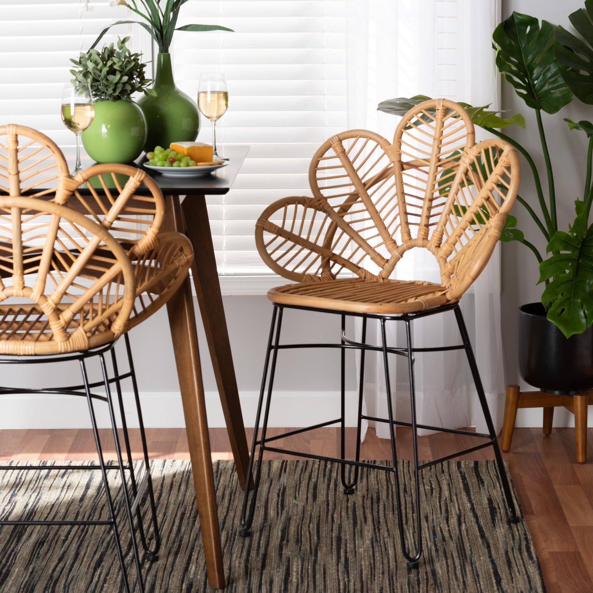 bali & pari Garan Modern Bohemian Rattan and Metal Counter Stool