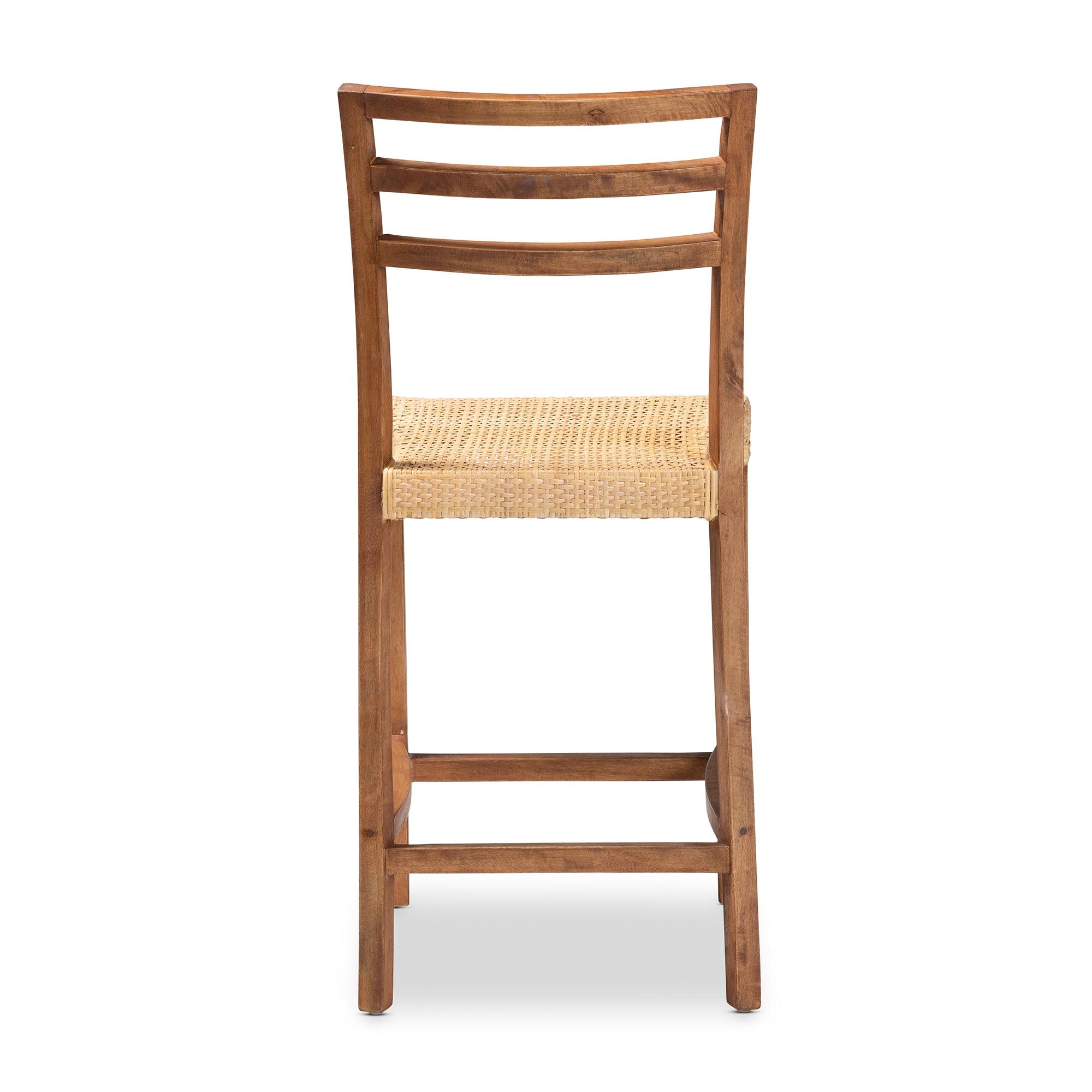 bali & pari Arthur Mid-Century Modern Mahogany Wood and Rattan Counter Stool